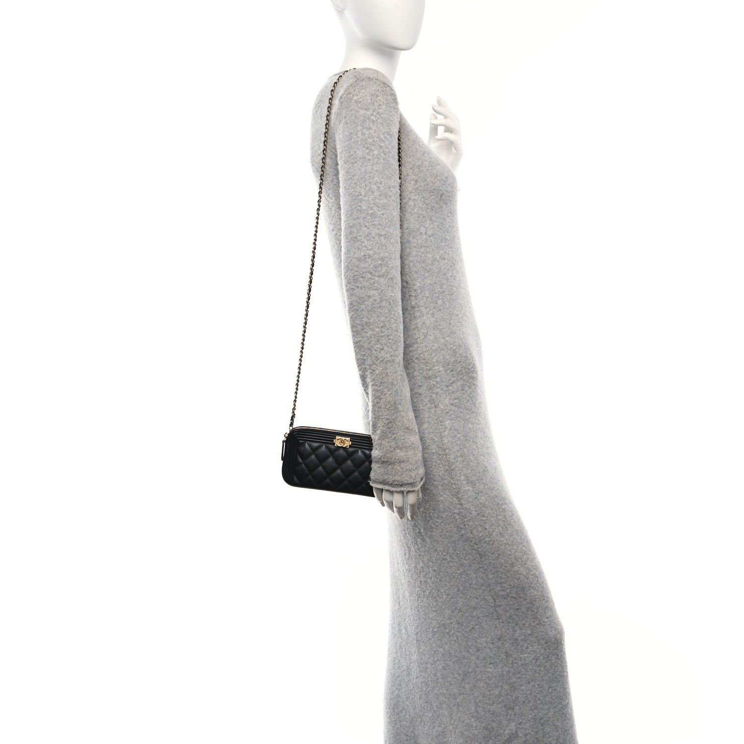 Lambskin Quilted Small Boy Clutch With Chain Black