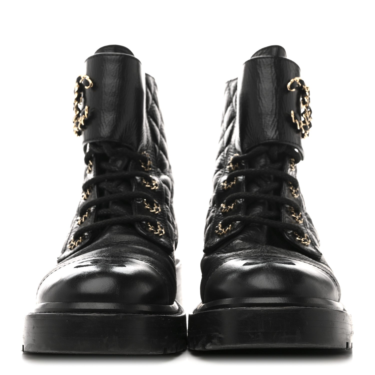 Shiny Goatskin Calfskin Quilted Lace Up Combat Boots 37 Black