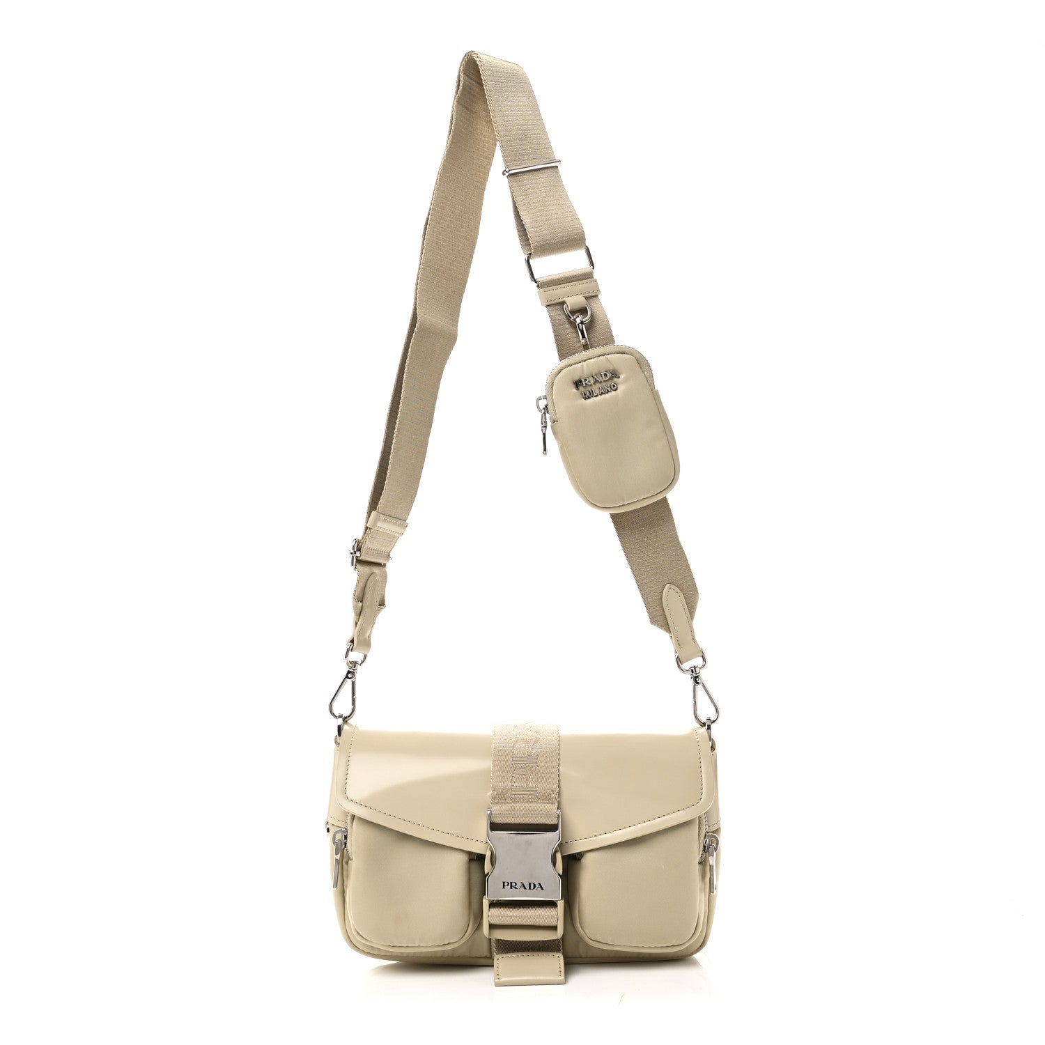 Re-Nylon Spazzolato Double Pocket Buckle Shoulder Bag Deserto