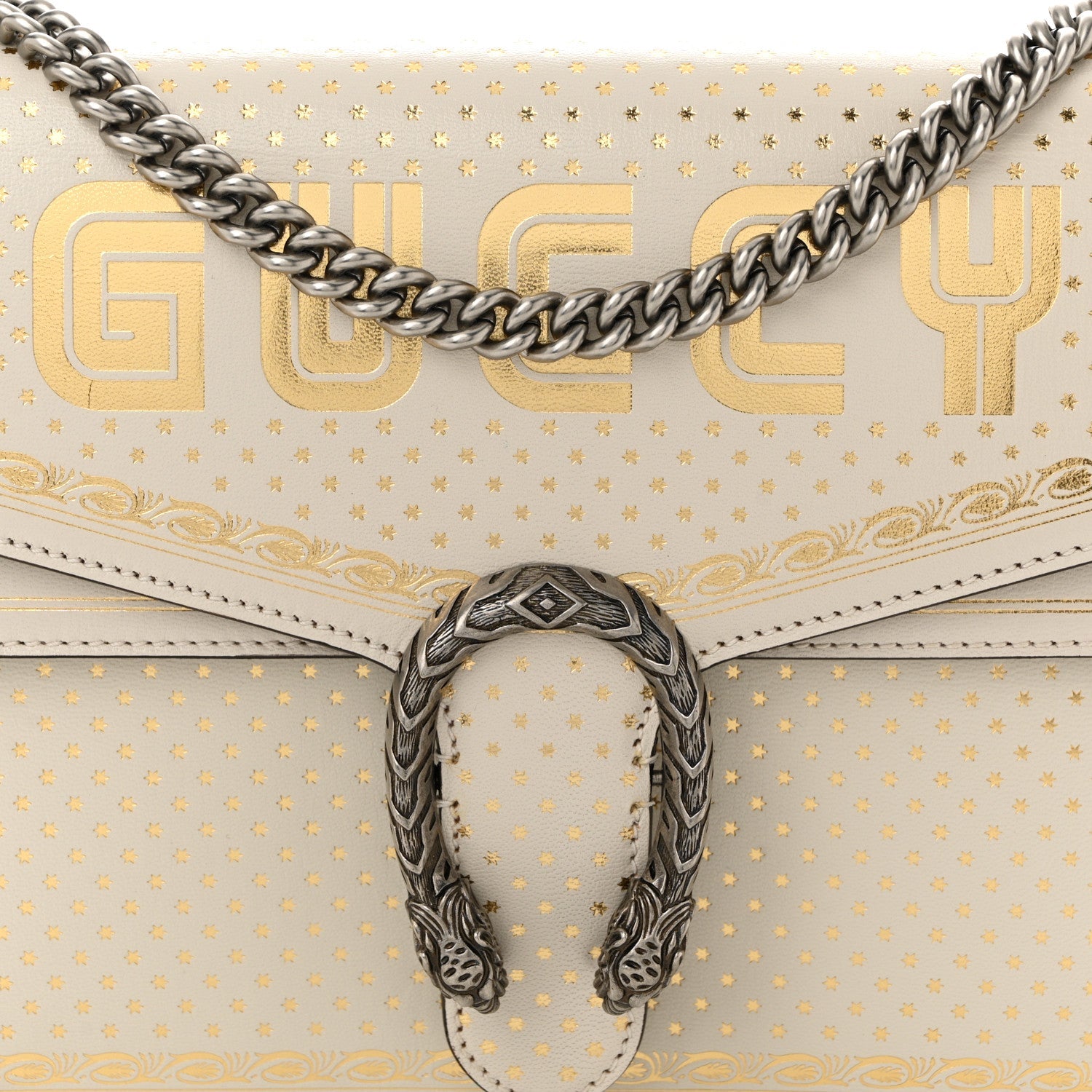 X SEGA Calfskin GUCCY Stars Medium Dionysus Shoulder Bag Mystic White Gold