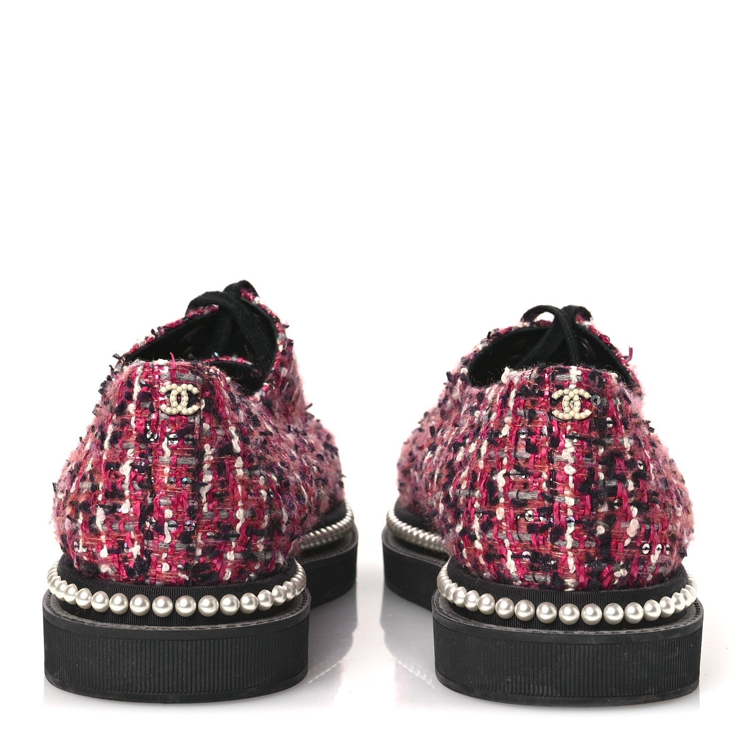 Tweed Grosgrain Sequin Pearl Lace Up Sneakers 40 Black Pink