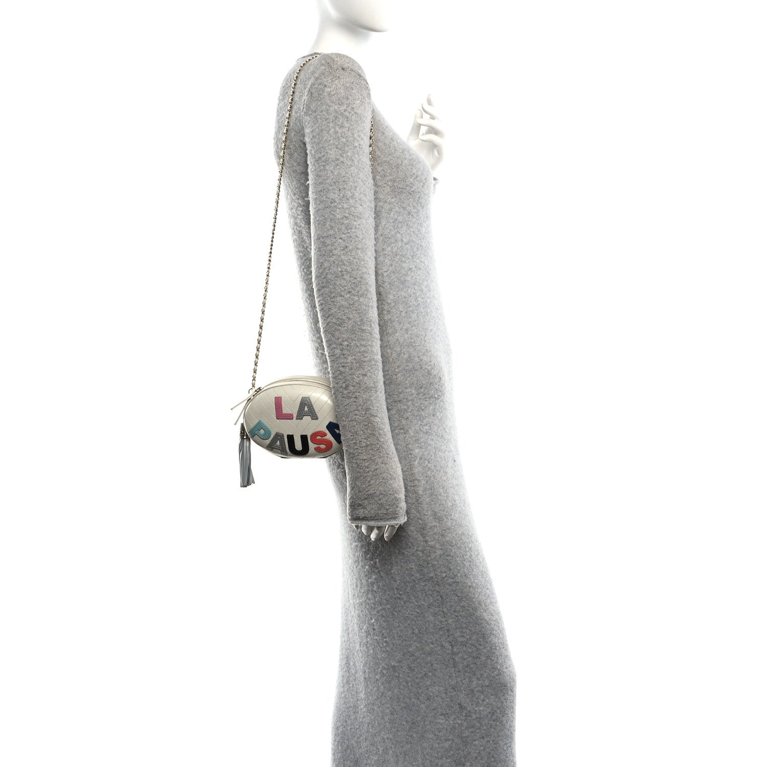 Embroidered Lambskin Chevron Quilted La Pausa Evening Bag White