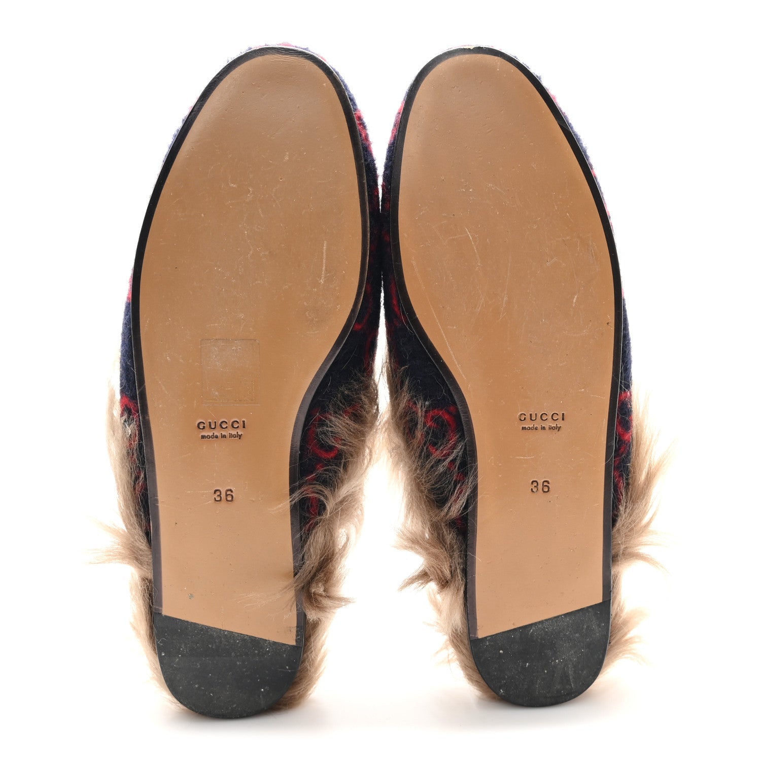 Covered Wool Big GG Monogram Fur Womens Princetown Slippers 36 Blue Red Butterscotch
