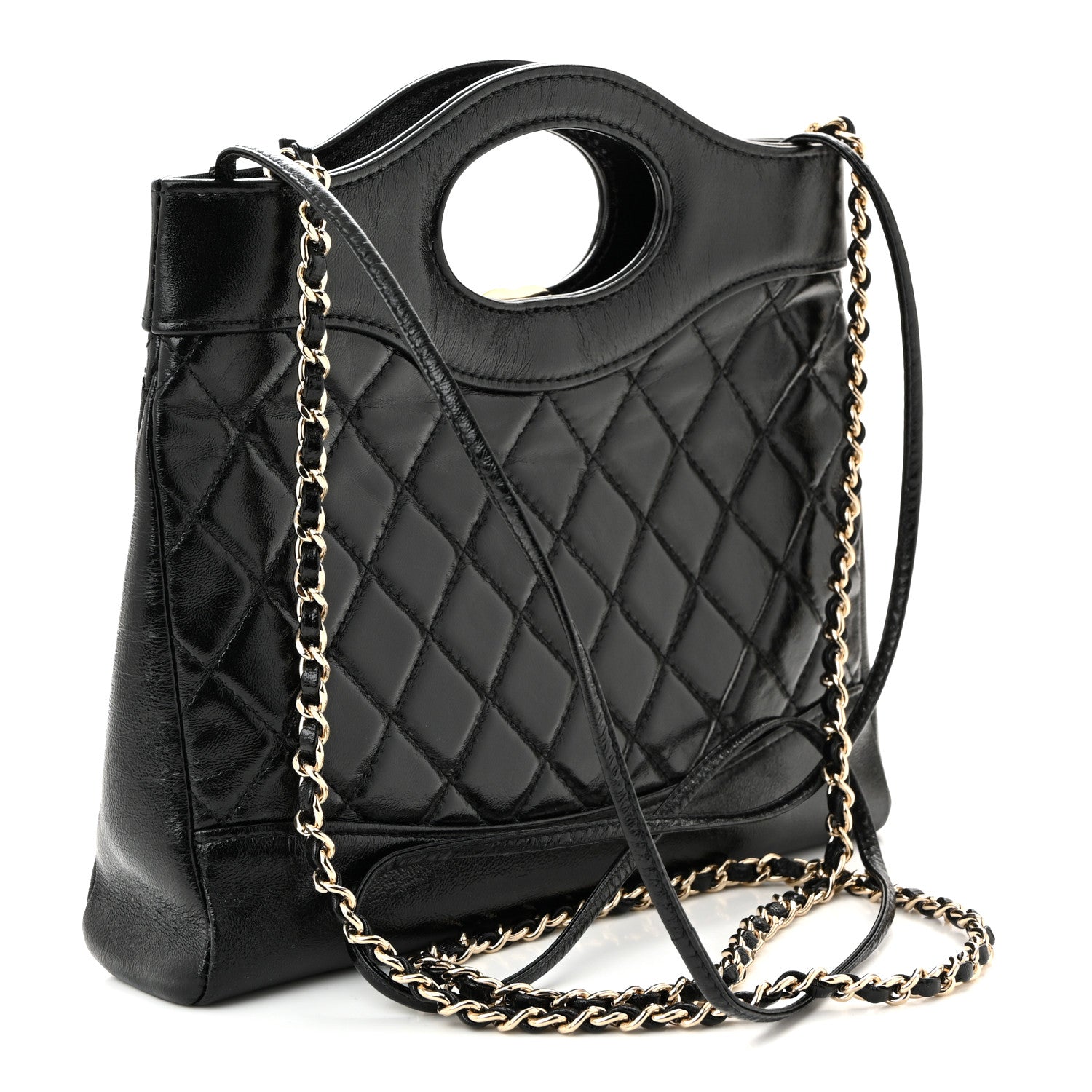 Shiny Crumpled Calfskin Quilted Mini 31 Shopping Bag Black