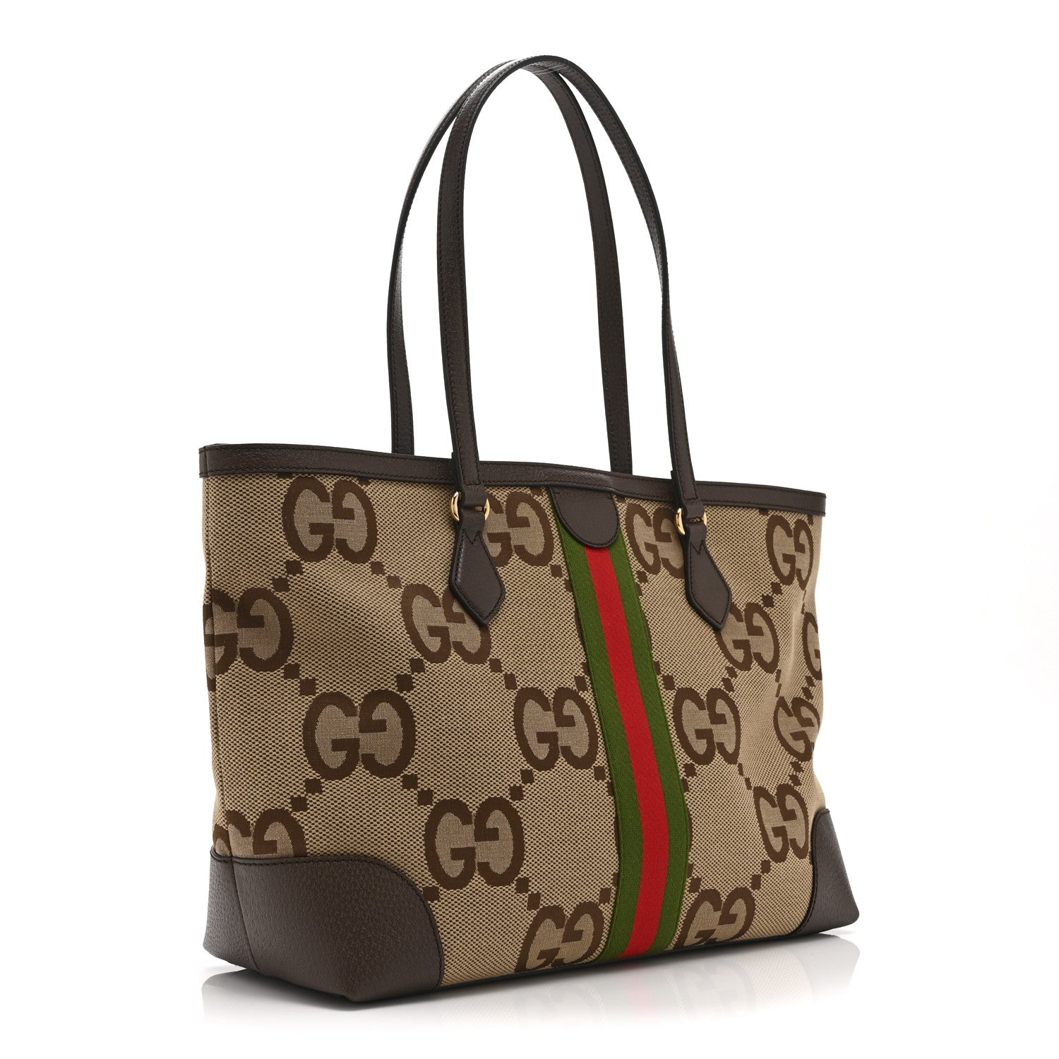 Monogram Jumbo GG Textured Dollar Calfskin Web Medium Ophidia Shopping Tote Camel Ebony