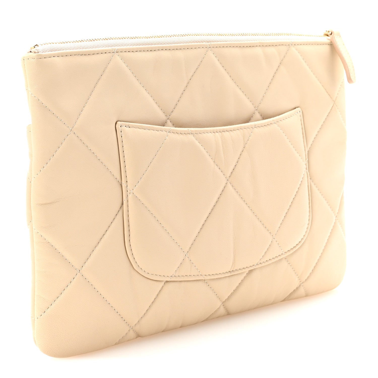 Shiny Goatskin Quilted Chanel 19 Pouch Beige