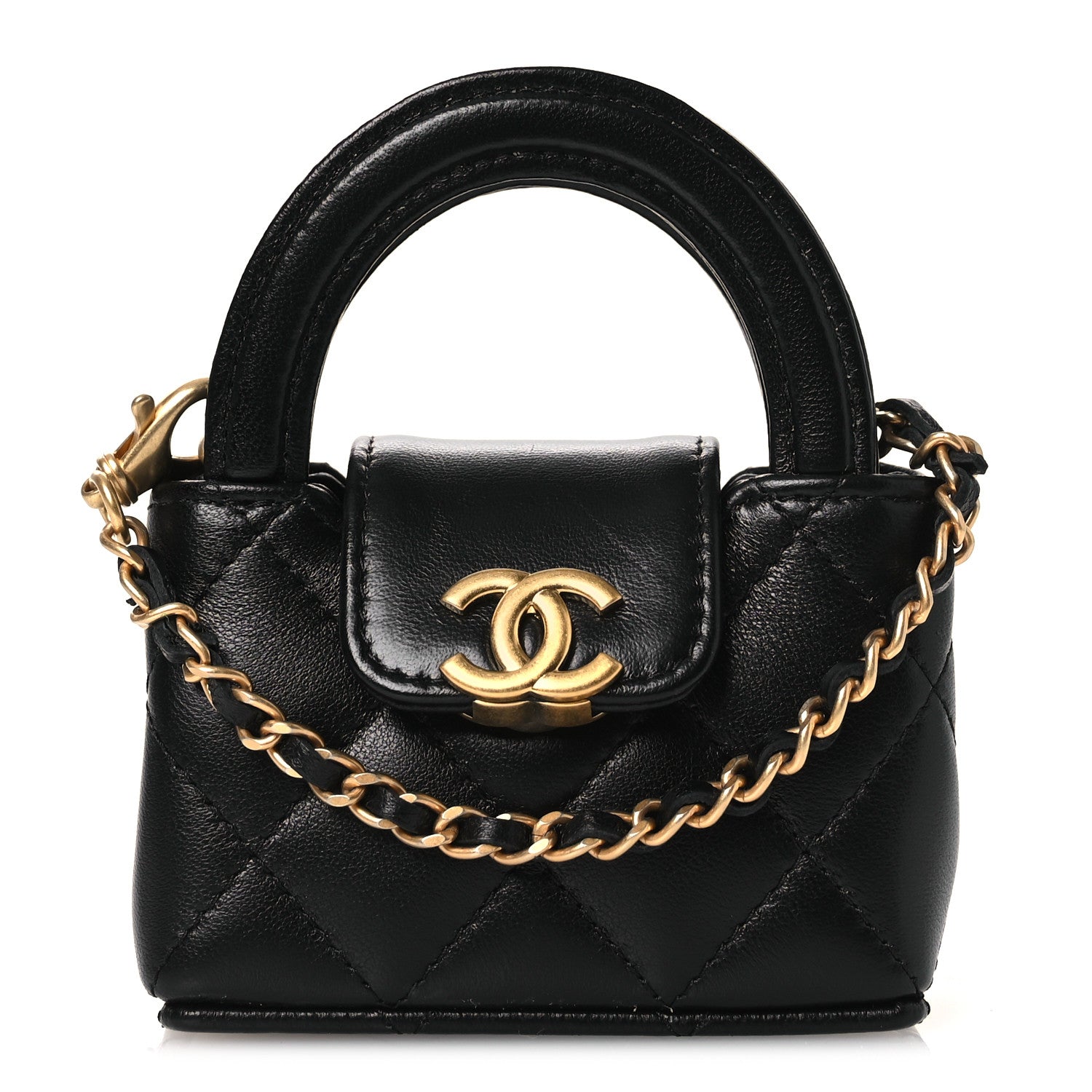 Shiny Lambskin Quilted Mini Kelly Bag Charm Black