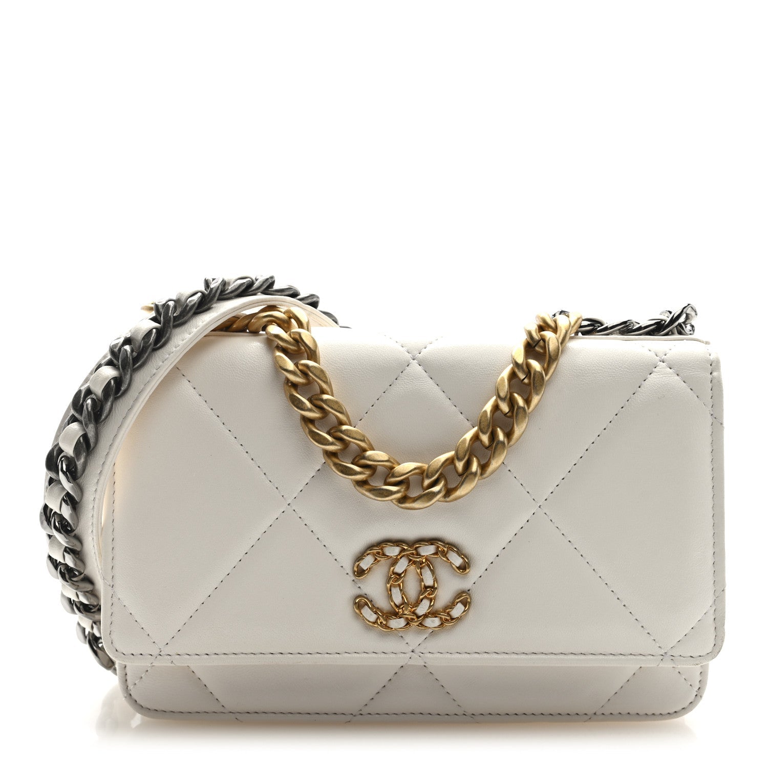 Goatskin Quilted Chanel 19 Wallet On Chain WOC White