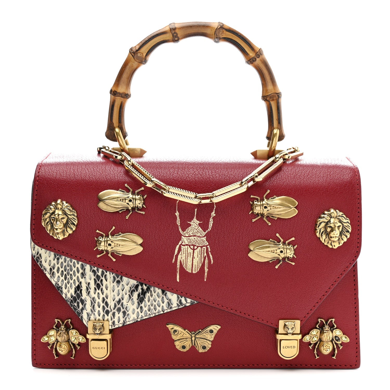 Calfskin Snakeskin Studded Small Ottilia Top Handle Bag Hibiscus Red