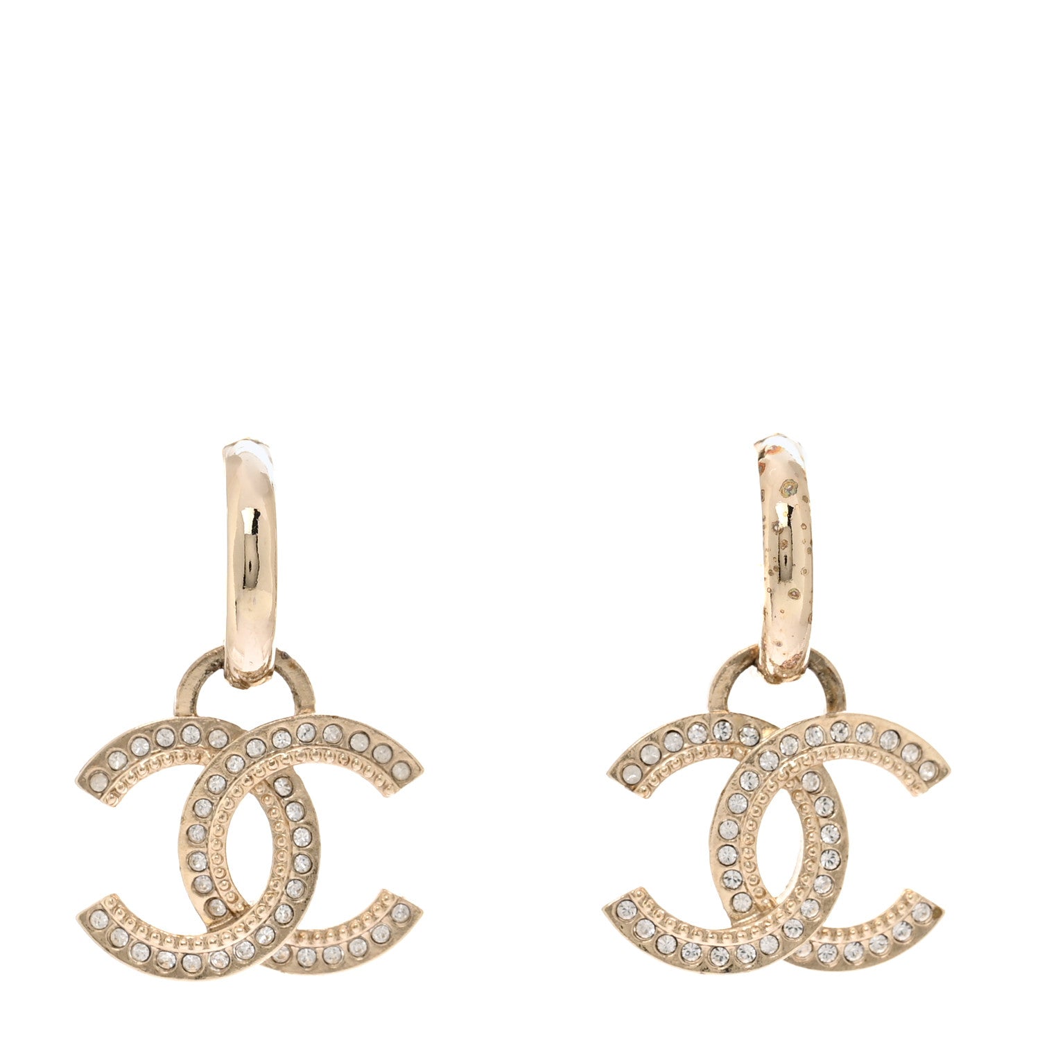 Metal Crystal Studded CC Hoop Drop Earrings Gold