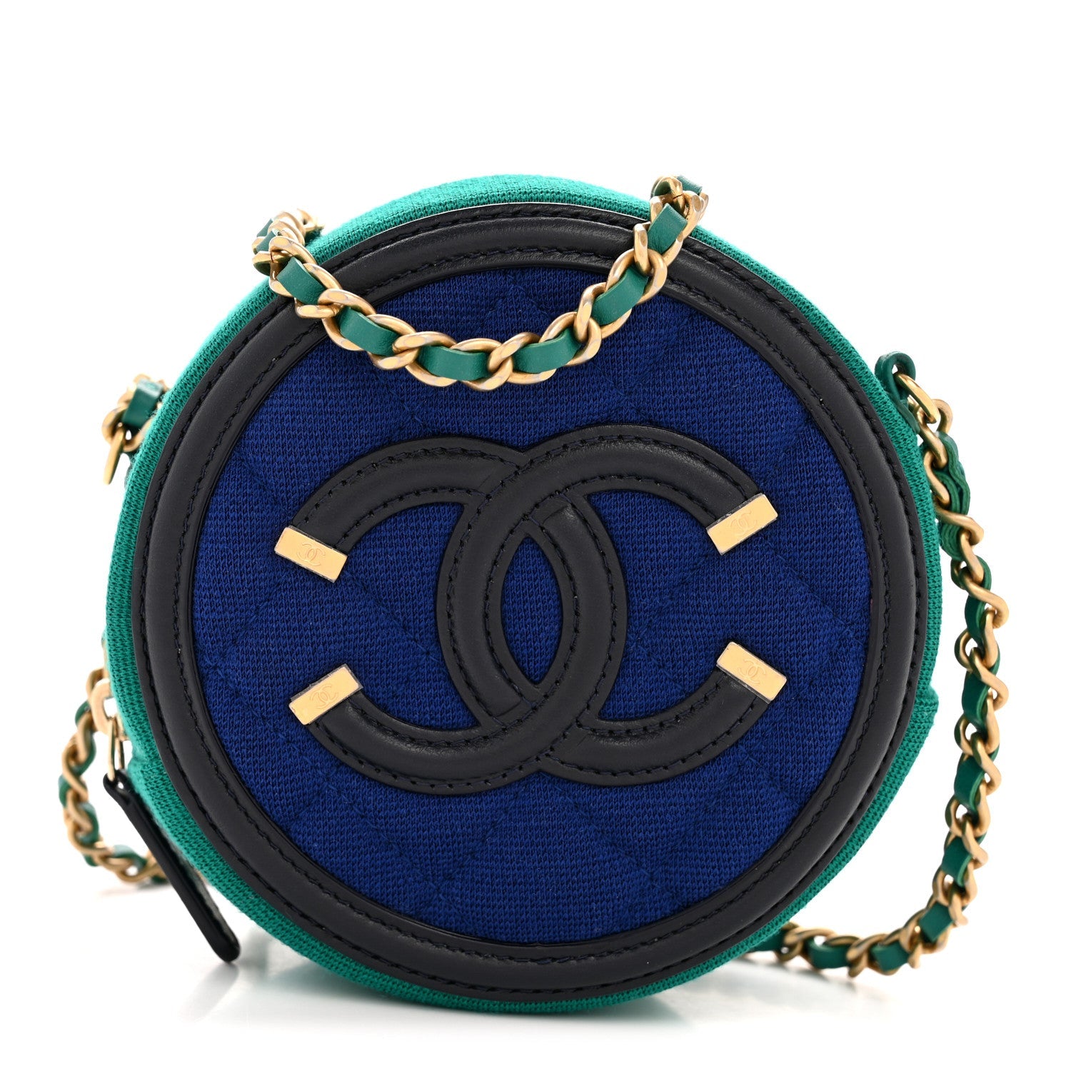 Jersey Quilted CC Filigree Round Clutch With Chain Blue Green Black