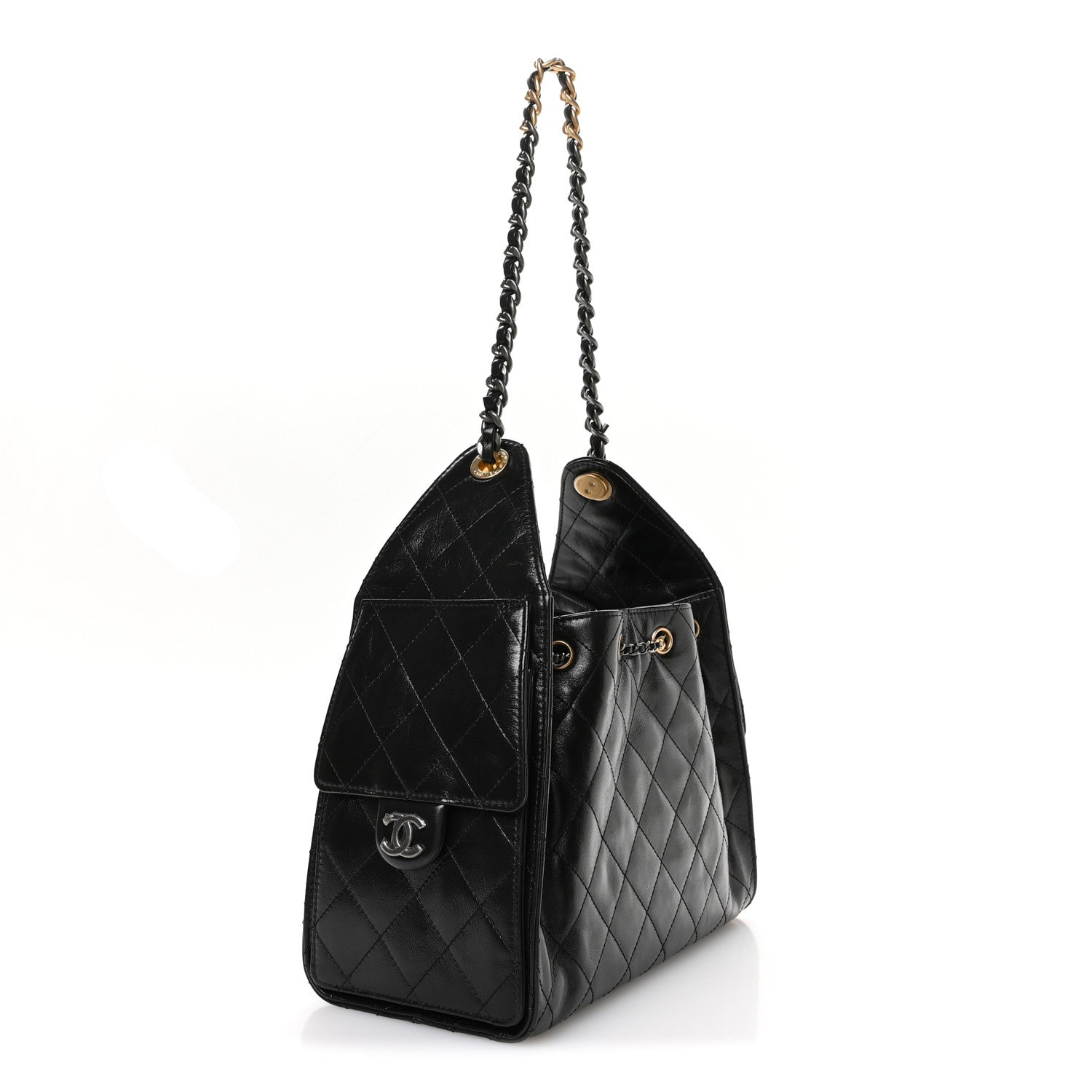 Shiny Crumpled Calfskin Quilted Small Chanel 25 Handbag Black