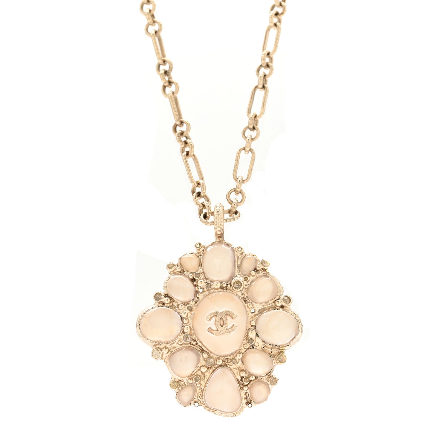 Gripoix Poured Glass CC Pendant Necklace Gold Grey