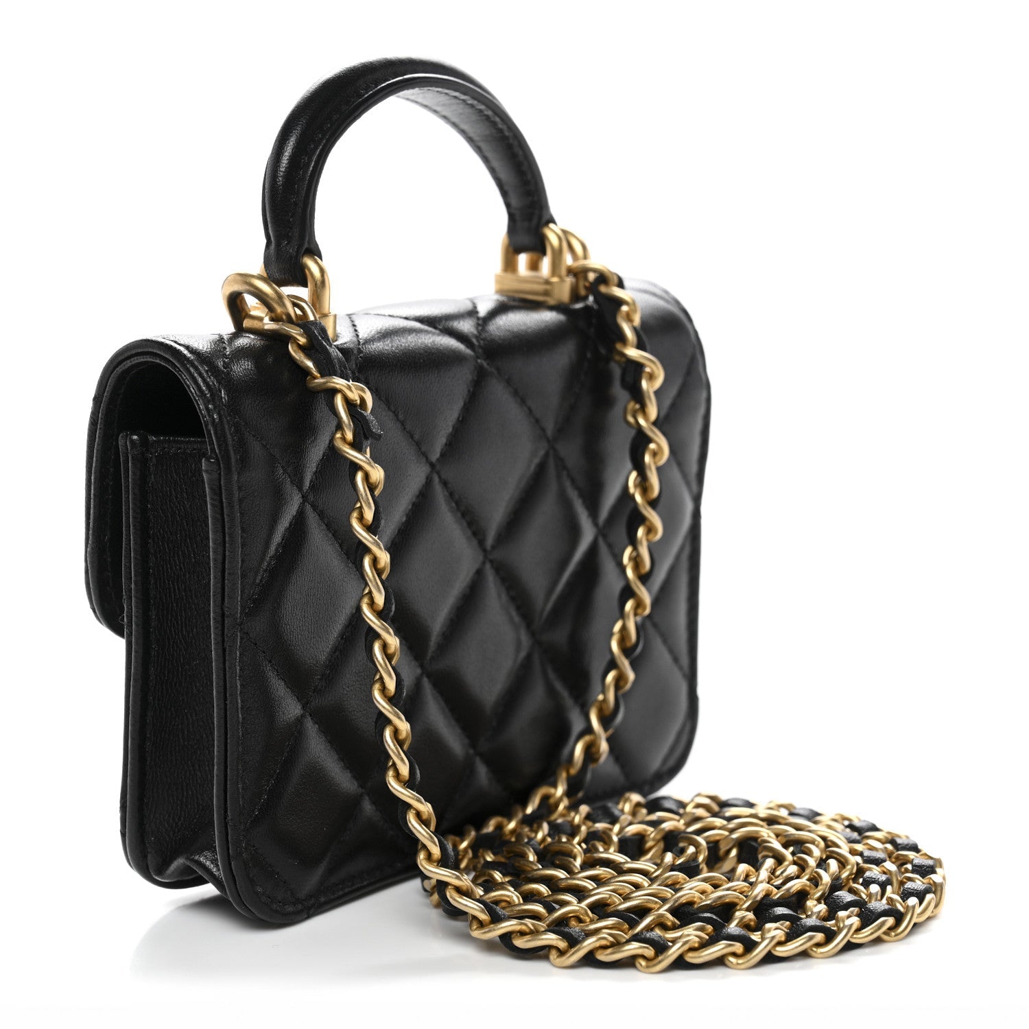 Lambskin Quilted Top Handle Flap Coin Purse With Chain Black
