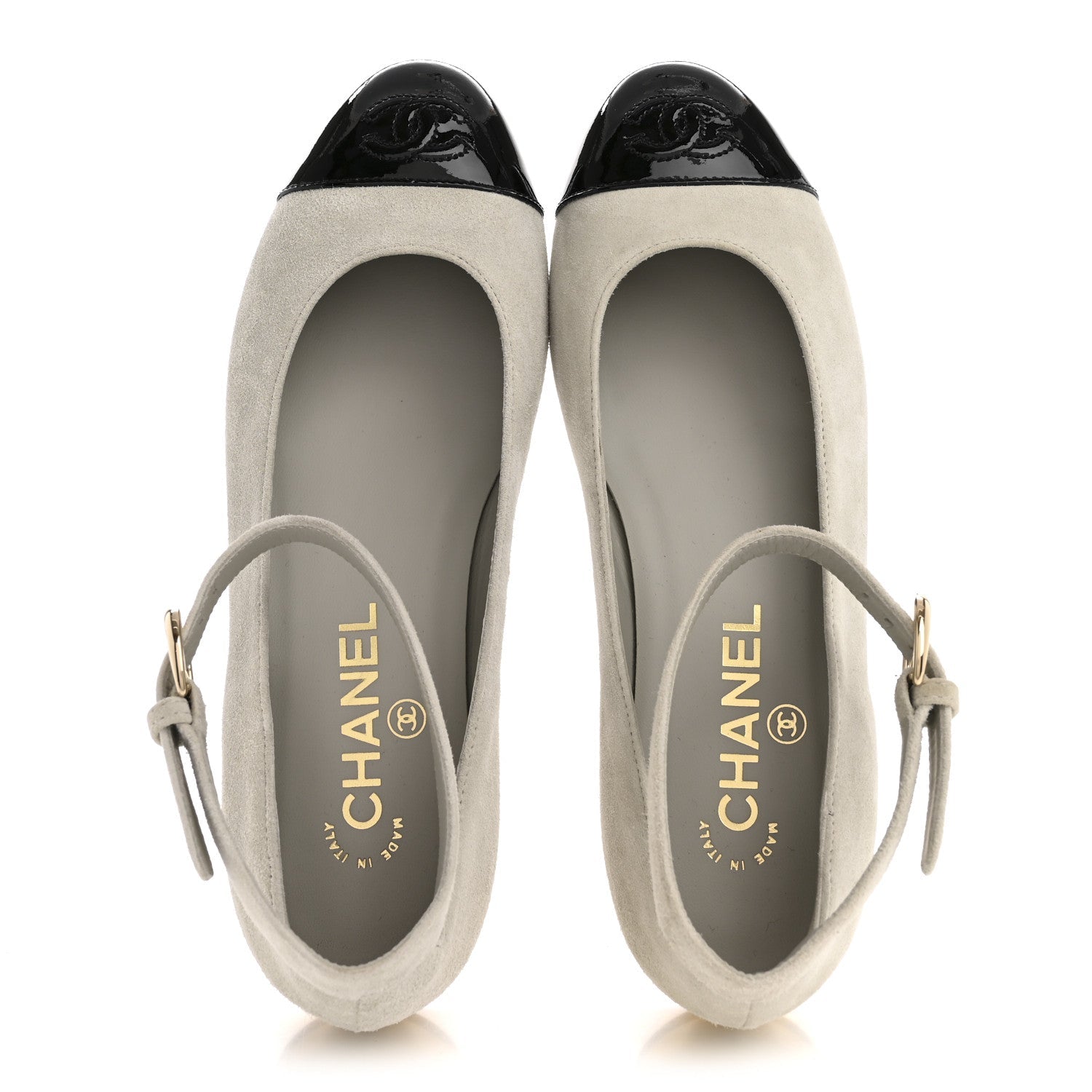 Suede Calfskin Patent Calfskin Cap Toe CC Mary Jane Flats 36.5 Light Gray Black