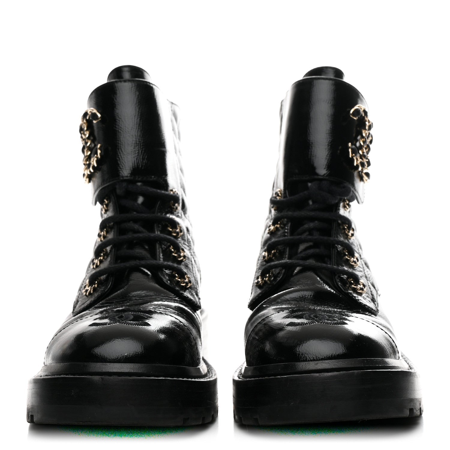 Shiny Calfskin Quilted Lace Up Combat Boots 36 Black