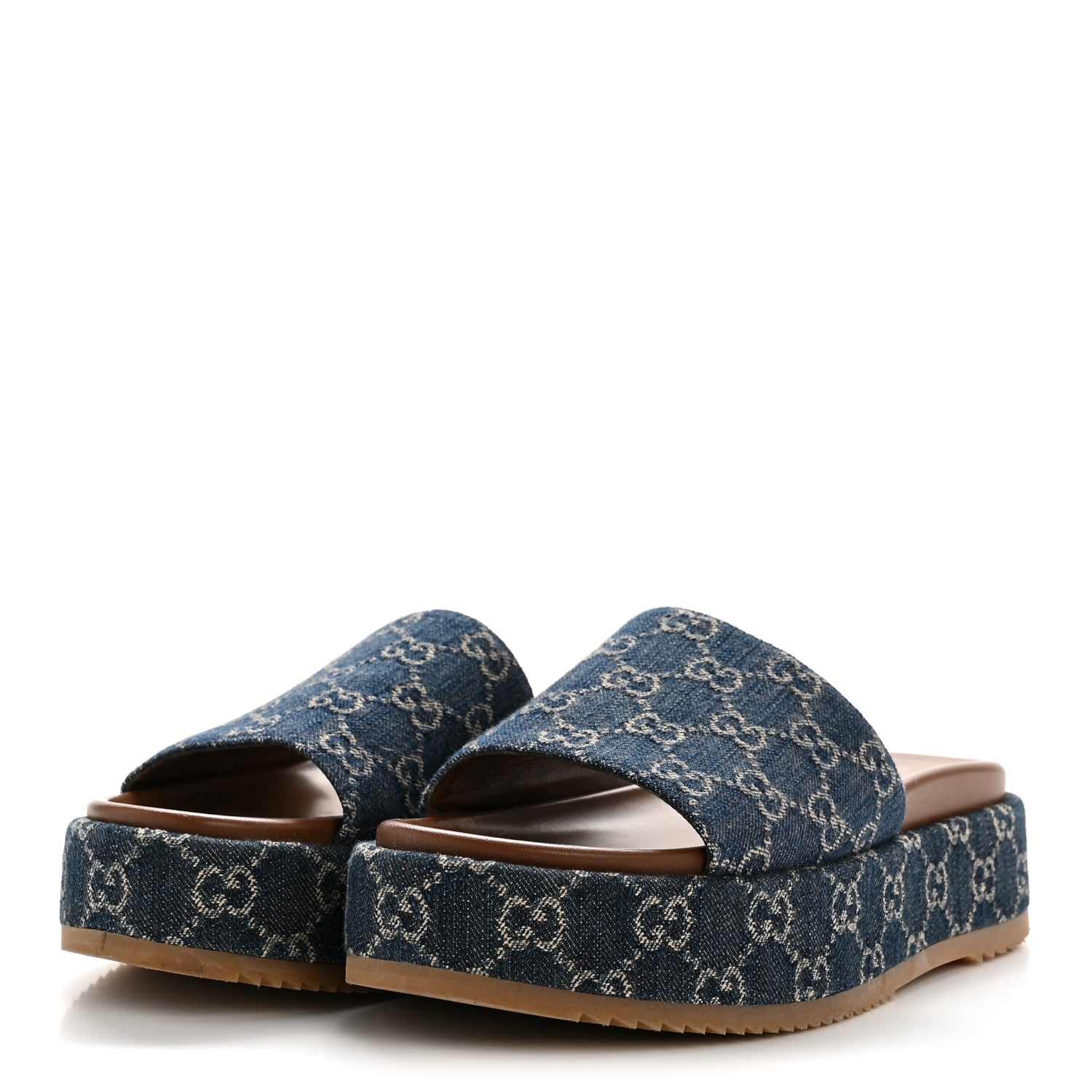 New Denim GG Monogram Angelina Platform 55mm Slide Sandals 41 Blue Tea