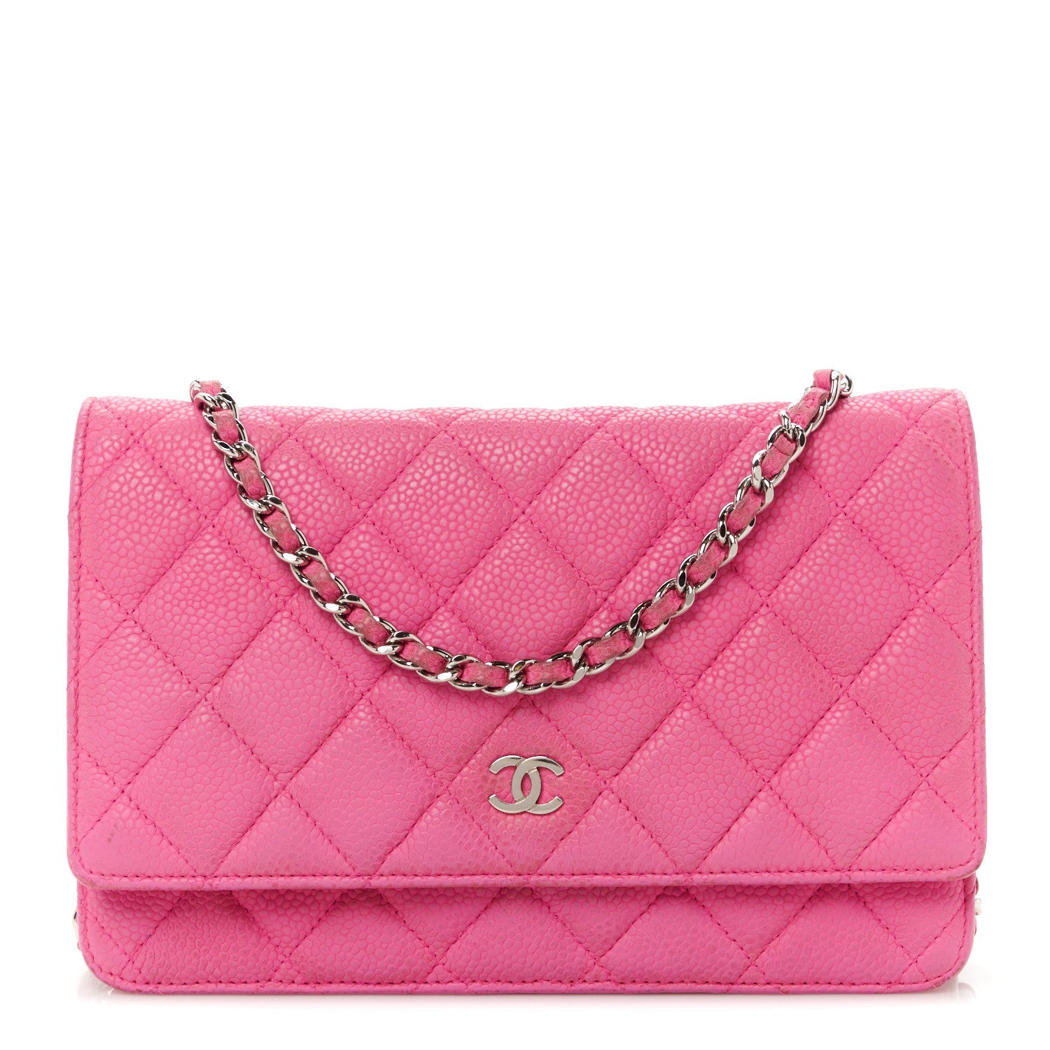Iridescent Caviar Quilted Wallet on Chain WOC Pink