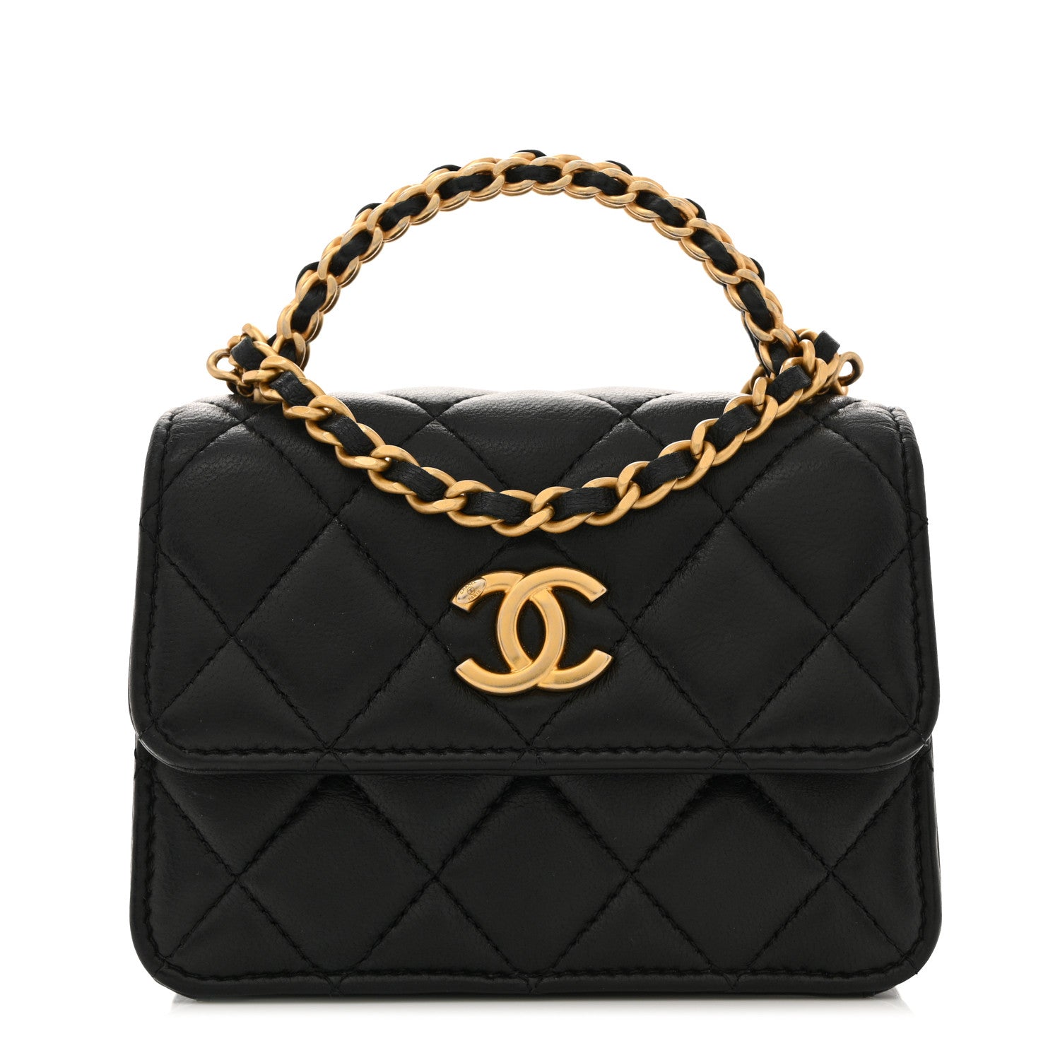 Lambskin Quilted Chain Top Handle Clutch With Chain Black