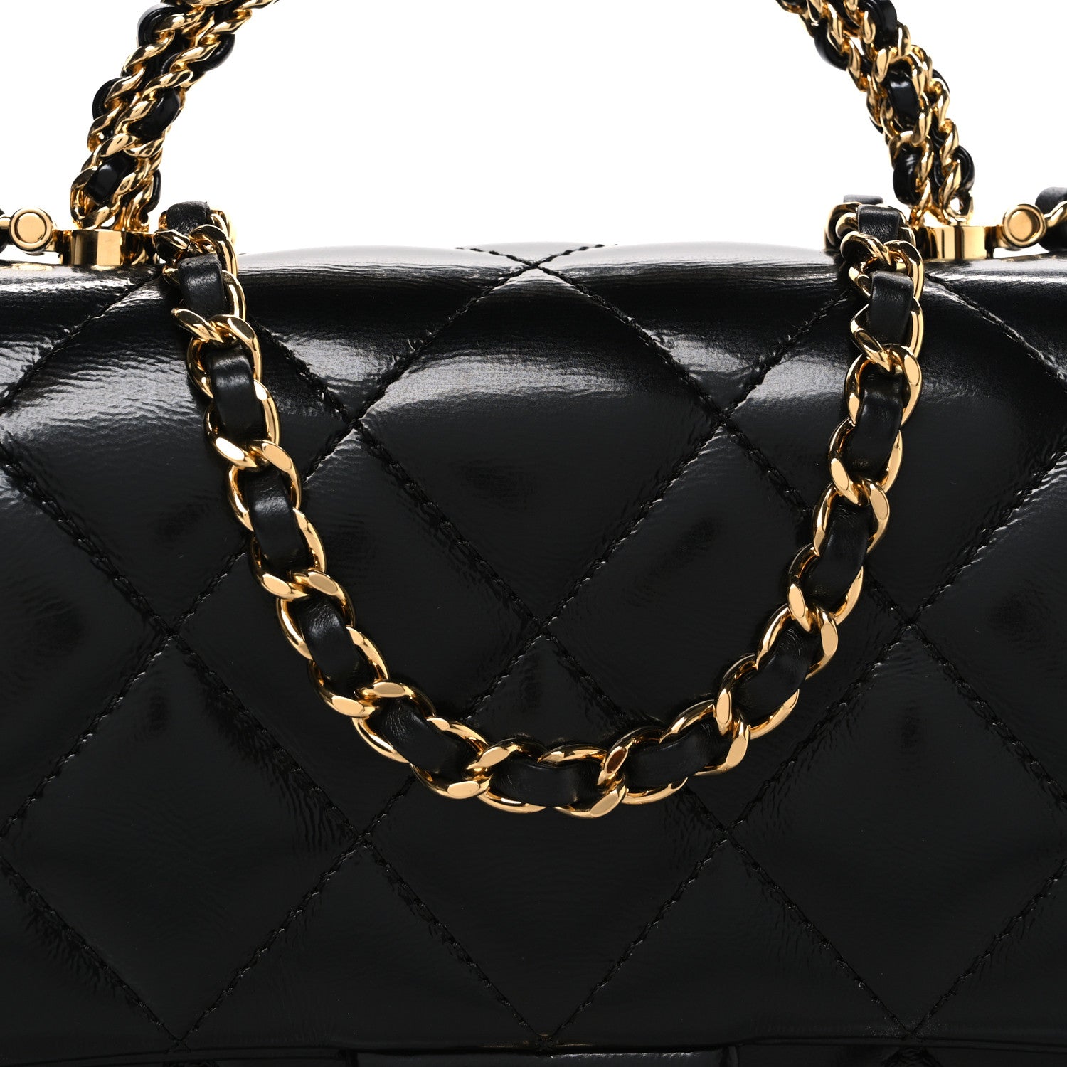 Shiny Lambskin Quilted Twisted Links Top Handle Flap Black
