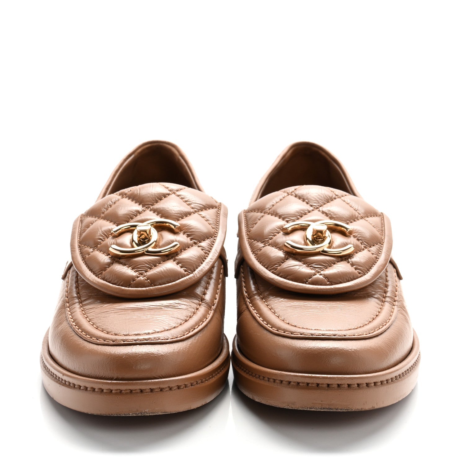 Crumpled Lambskin Quilted CC Turnlock Moccasins 37.5 Dark Beige