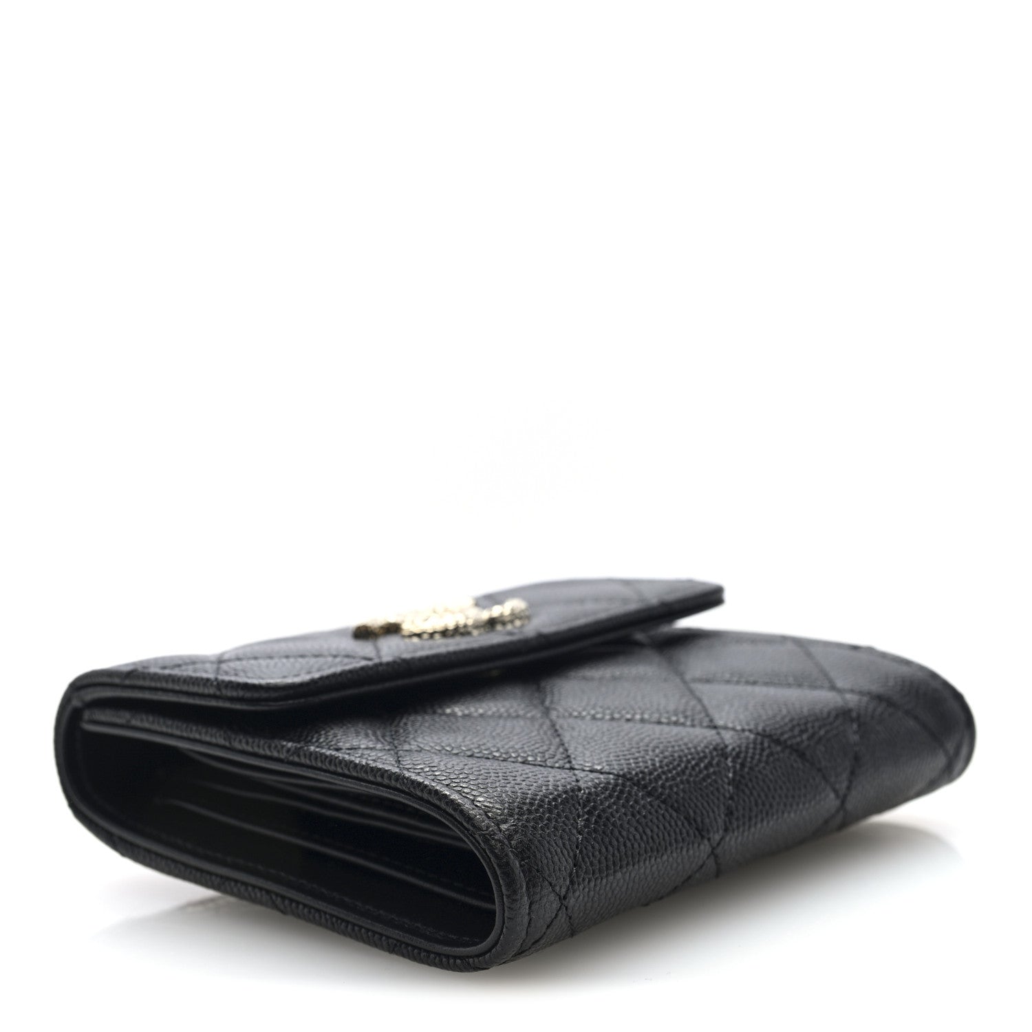 Caviar Quilted Chain Embossed Compact Flap Wallet Black