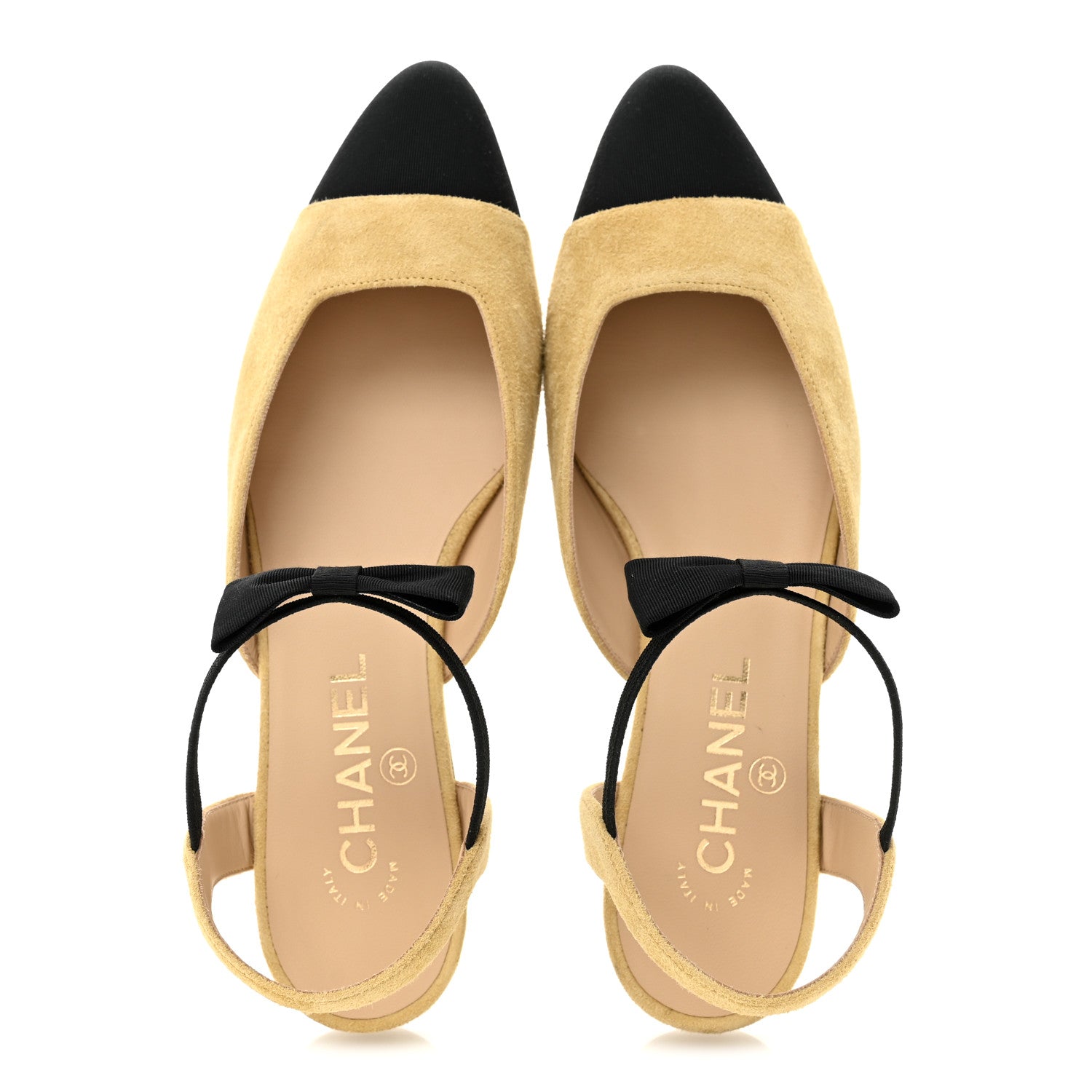 Suede Grosgrain Bow Cap Toe CC Slingback Flats 38 Beige Black