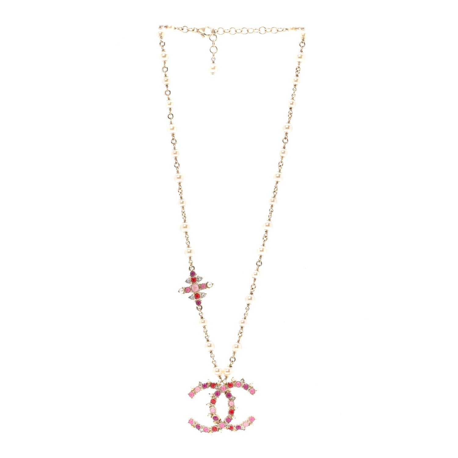 Pearl Crystal Beaded CC Pendant Necklace Gold Pink