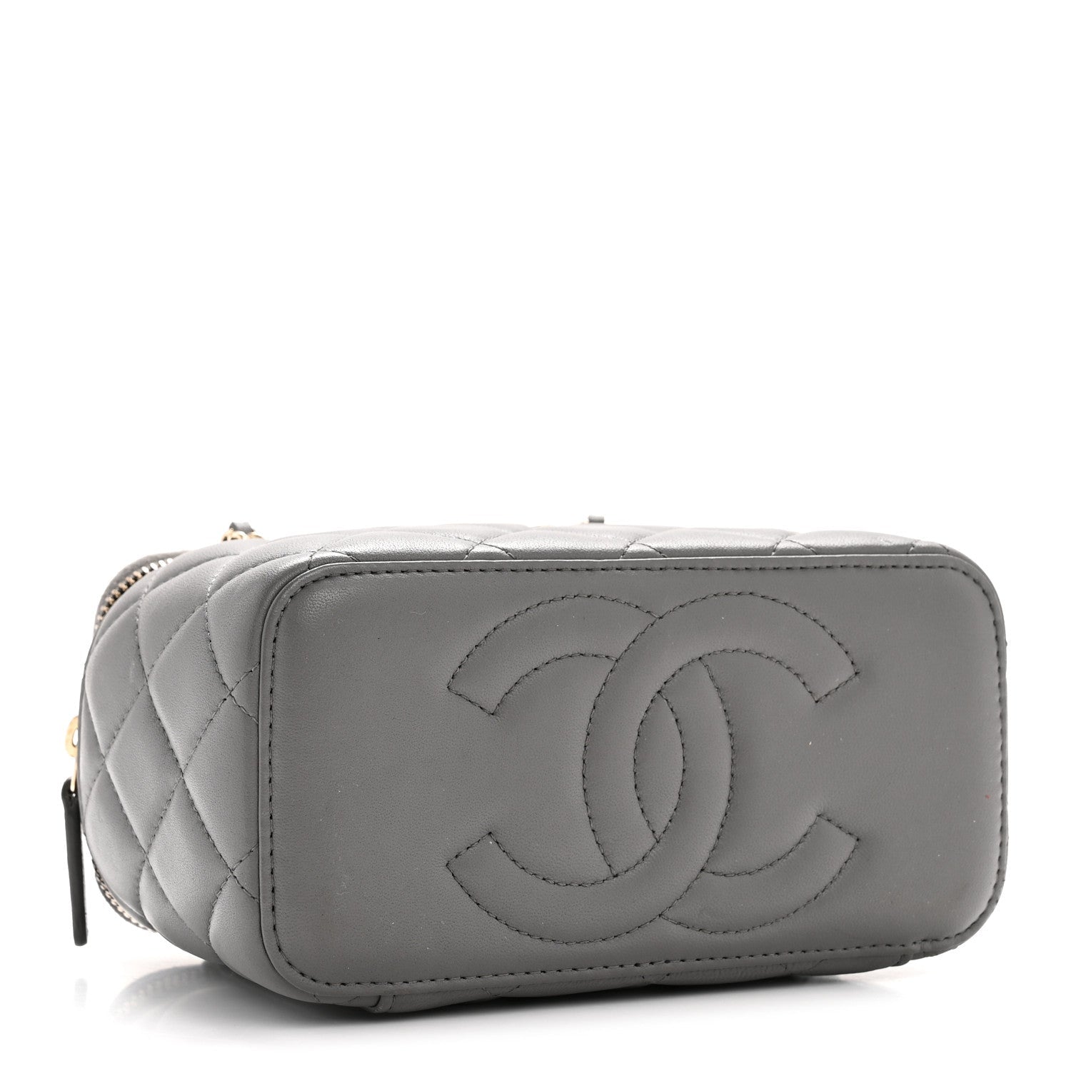 Lambskin Quilted Small Top Handle Vanity Case With Chain Dark Grey