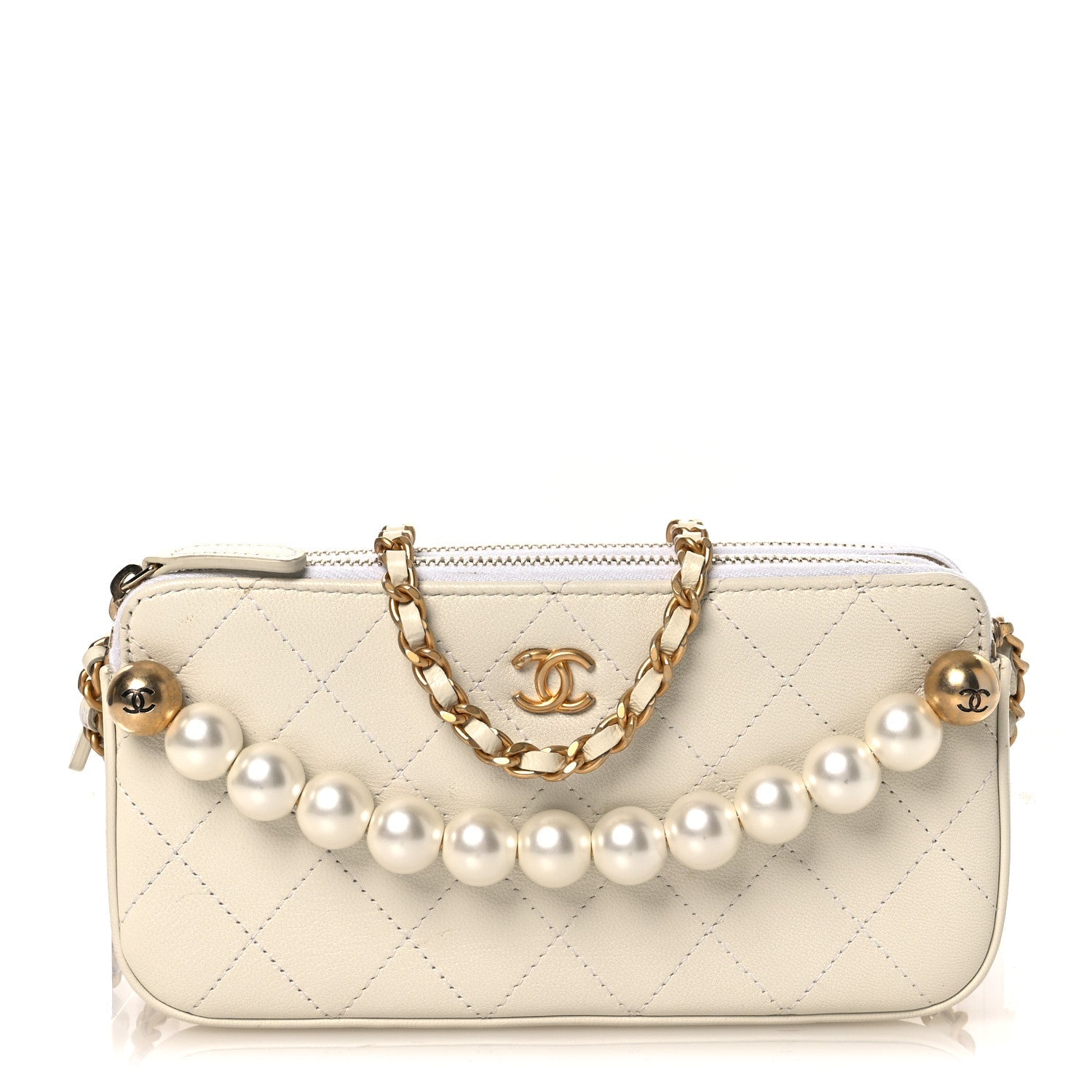 Goatskin Stitched Small Chic Pearls Clutch With Chain  White