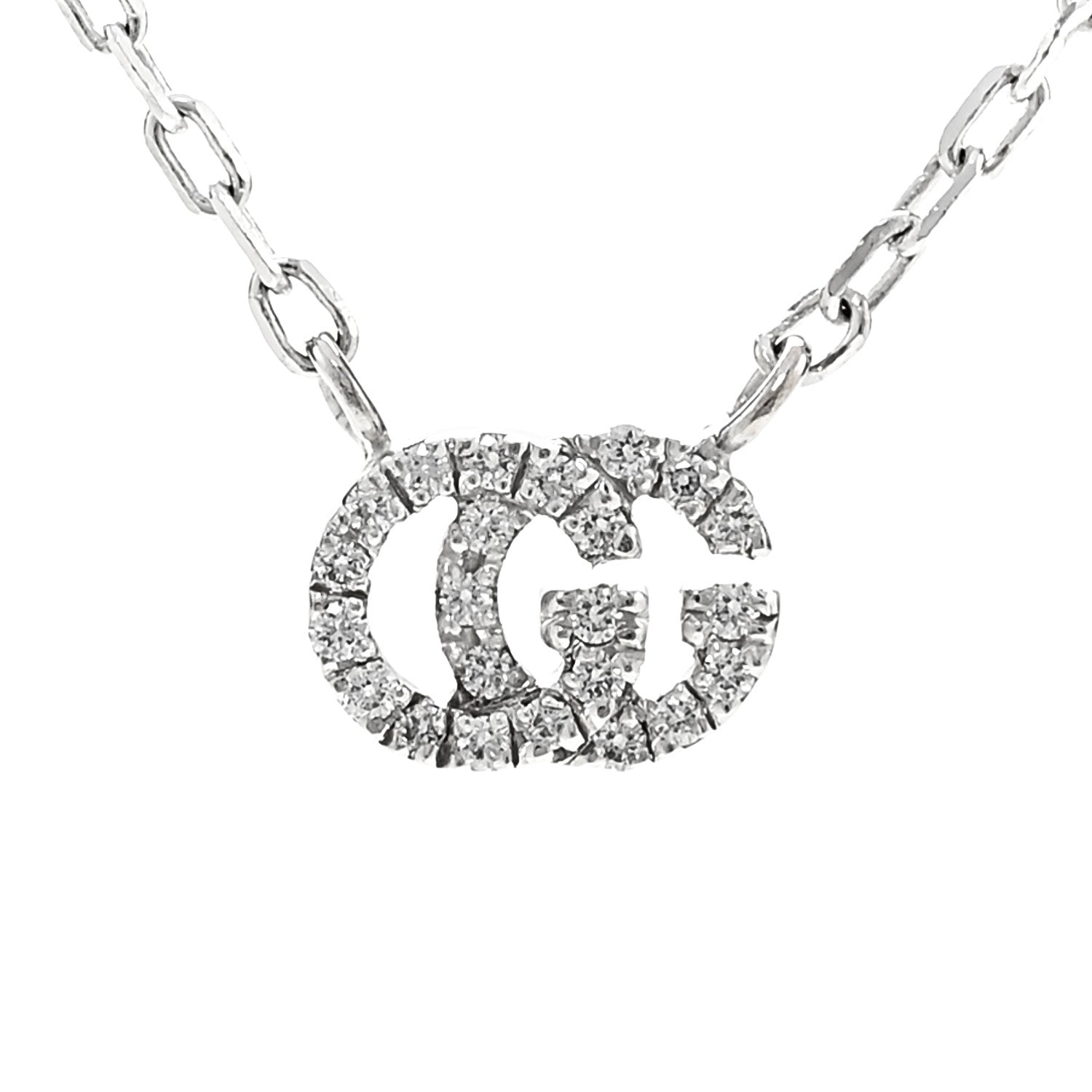 18K White Gold Diamond Running GG Pendant Necklace