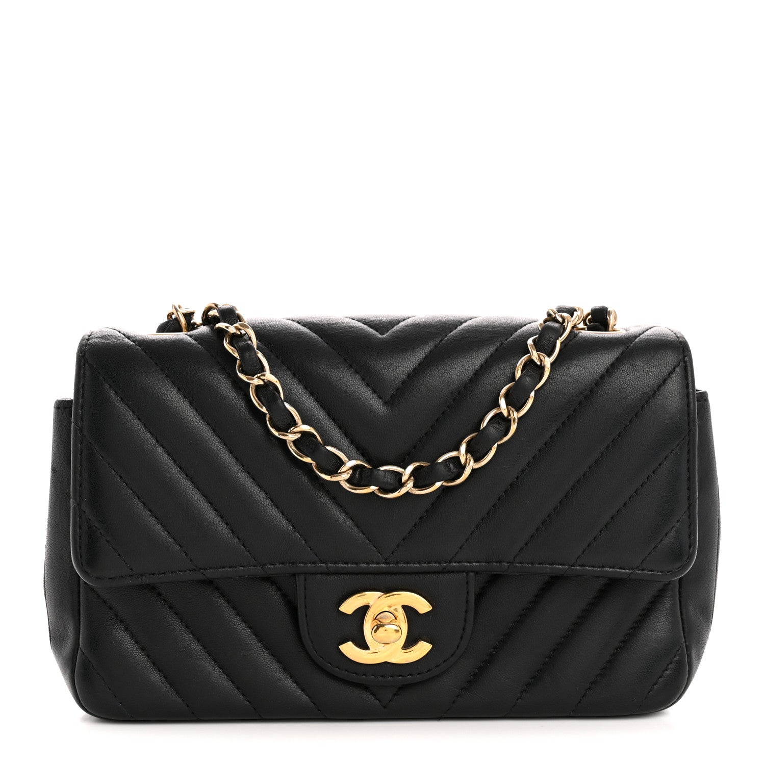 Lambskin Chevron Quilted Mini Rectangular Flap Black