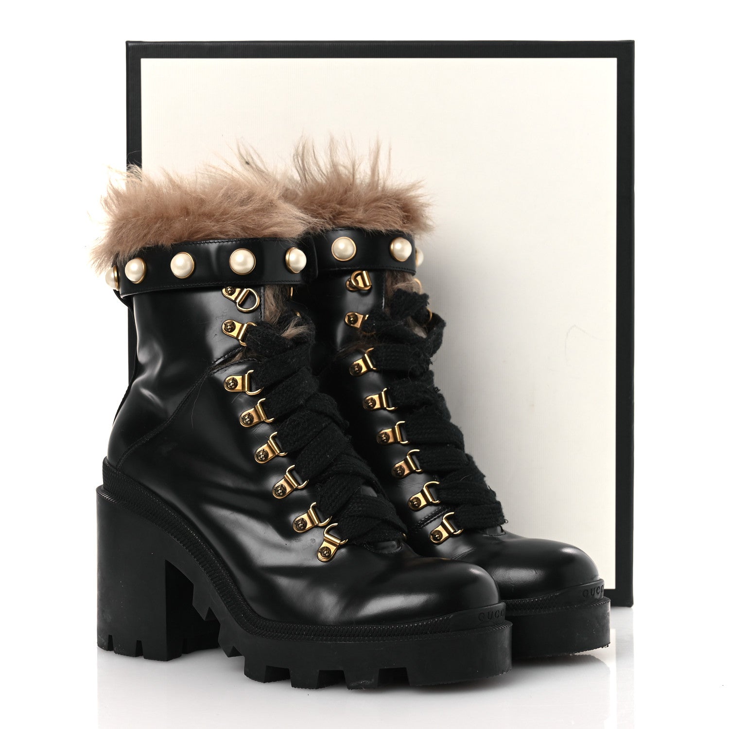 Magnum Calfskin Fur Pearl Lace Up Combat Ankle Boots 39.5 Black Naturale
