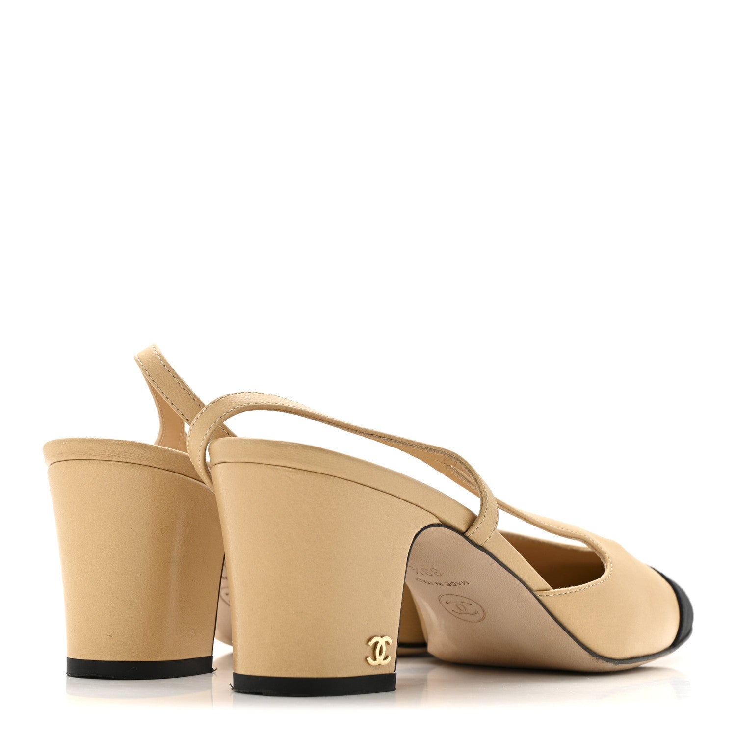 Goatskin Grosgrain Cap Toe CC Slingback Pumps 38.5 Beige Black