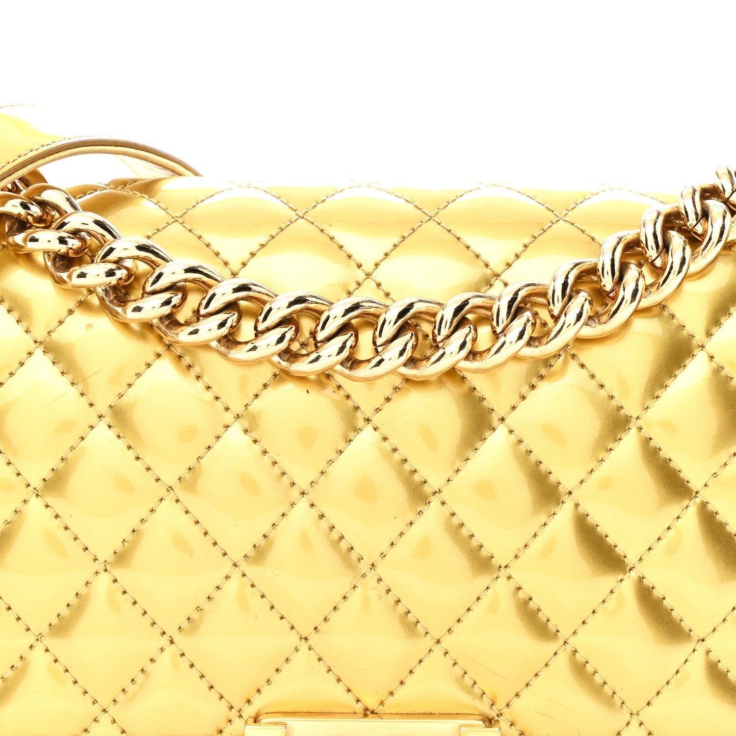 Metallic Patent Calfskin Quilted Medium Boy Flap Gold