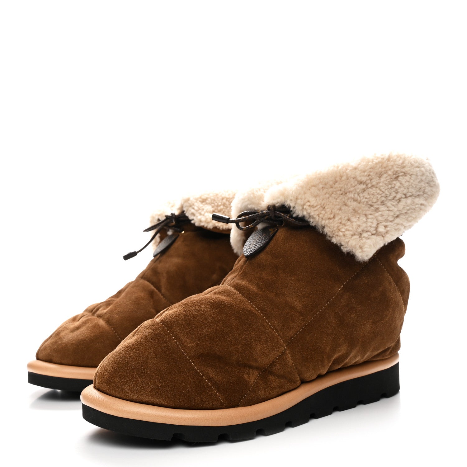 Suede Shearling Quilted Flat Ankle Boot 41 Beige