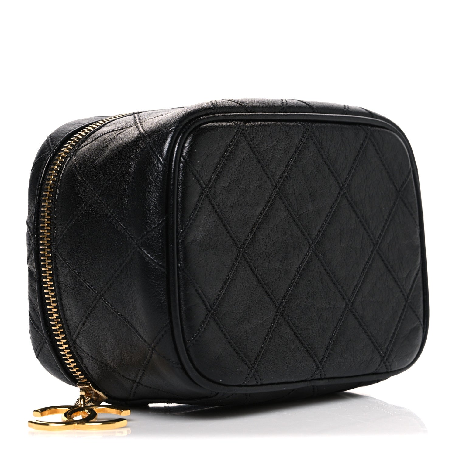 Lambskin Diamond Stitched Top Handle Vanity Case Black