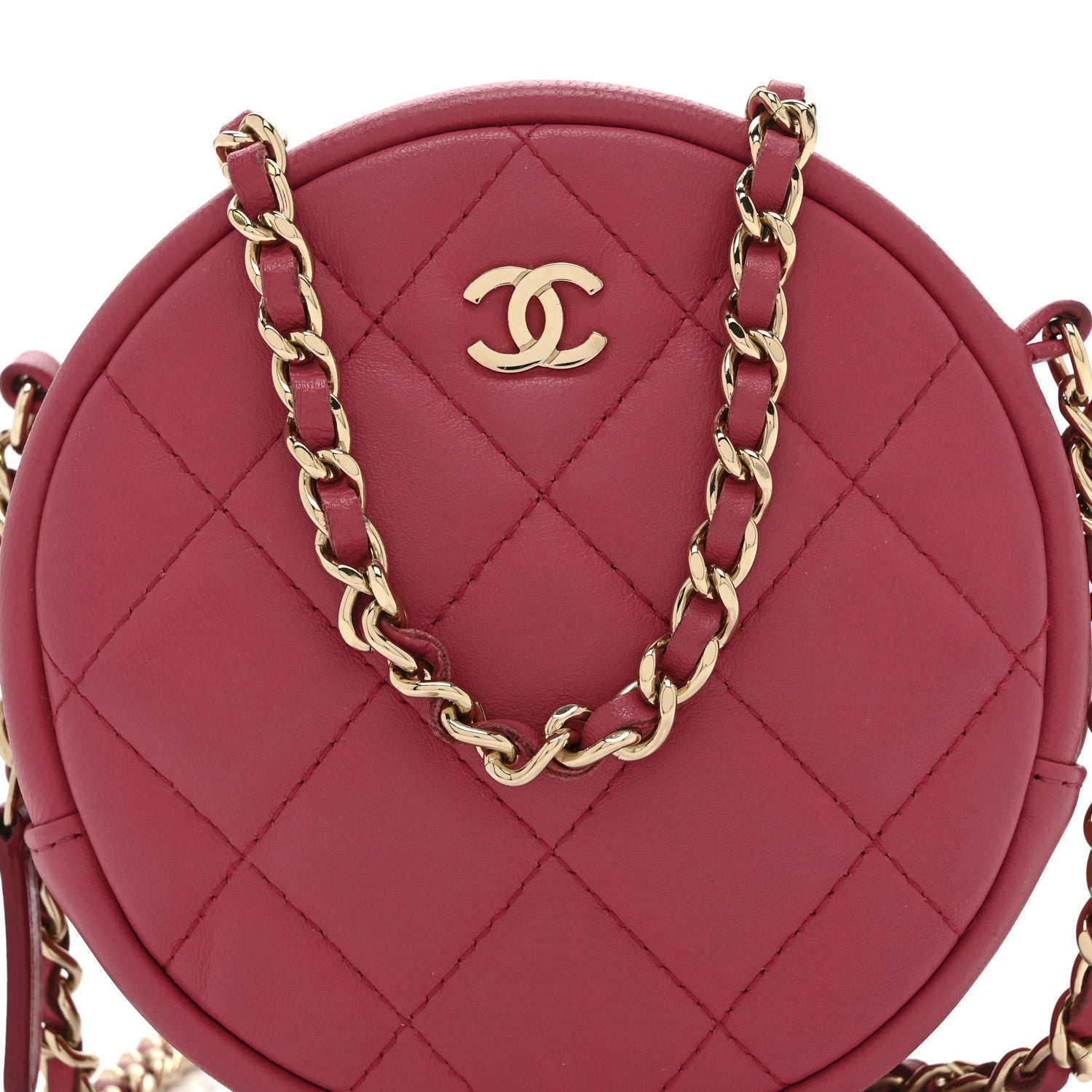 Lambskin Quilted Round Clutch With Chain Pink