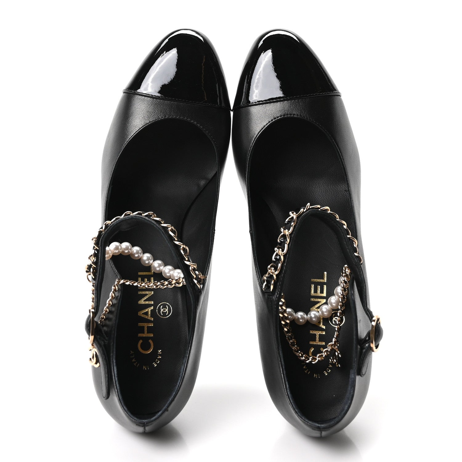 Shiny Lambskin Patent Calfskin Cap Toe Ankle Pearl Chain Pumps 39.5 Black