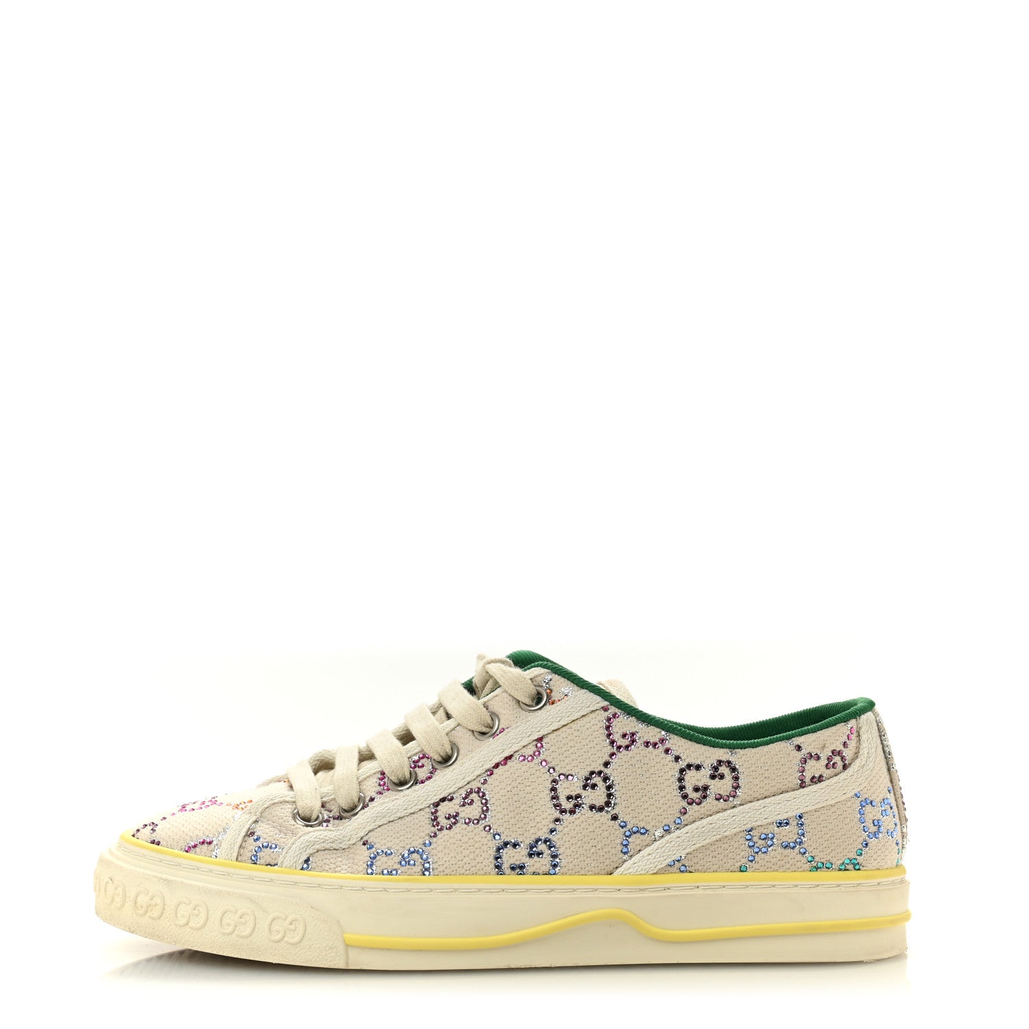 Canvas Lame Crystal GG Monogram Womens 1977 Tennis Sneakers 36 Gardenia Silver Mystic White