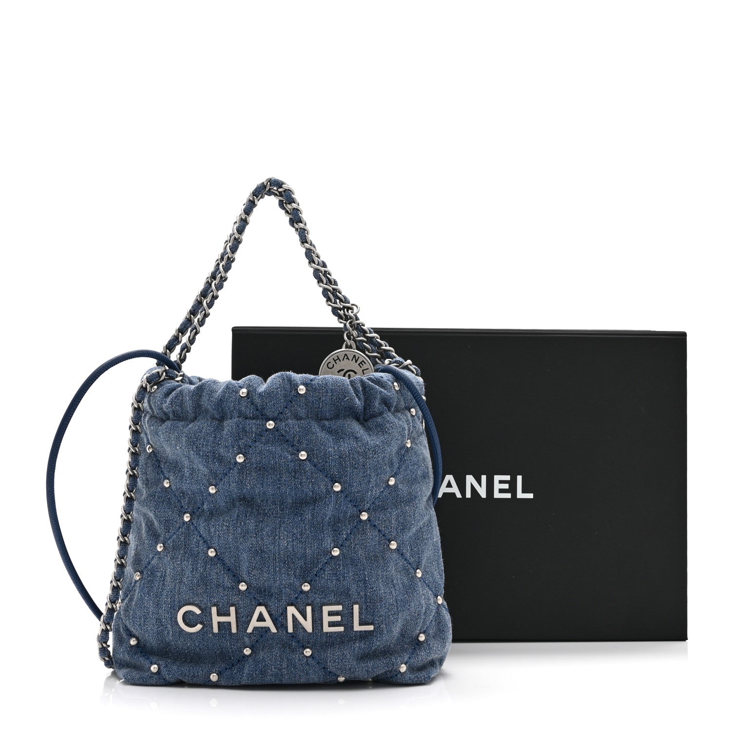 Washed Denim Quilted Studded Mini Chanel 22 Blue
