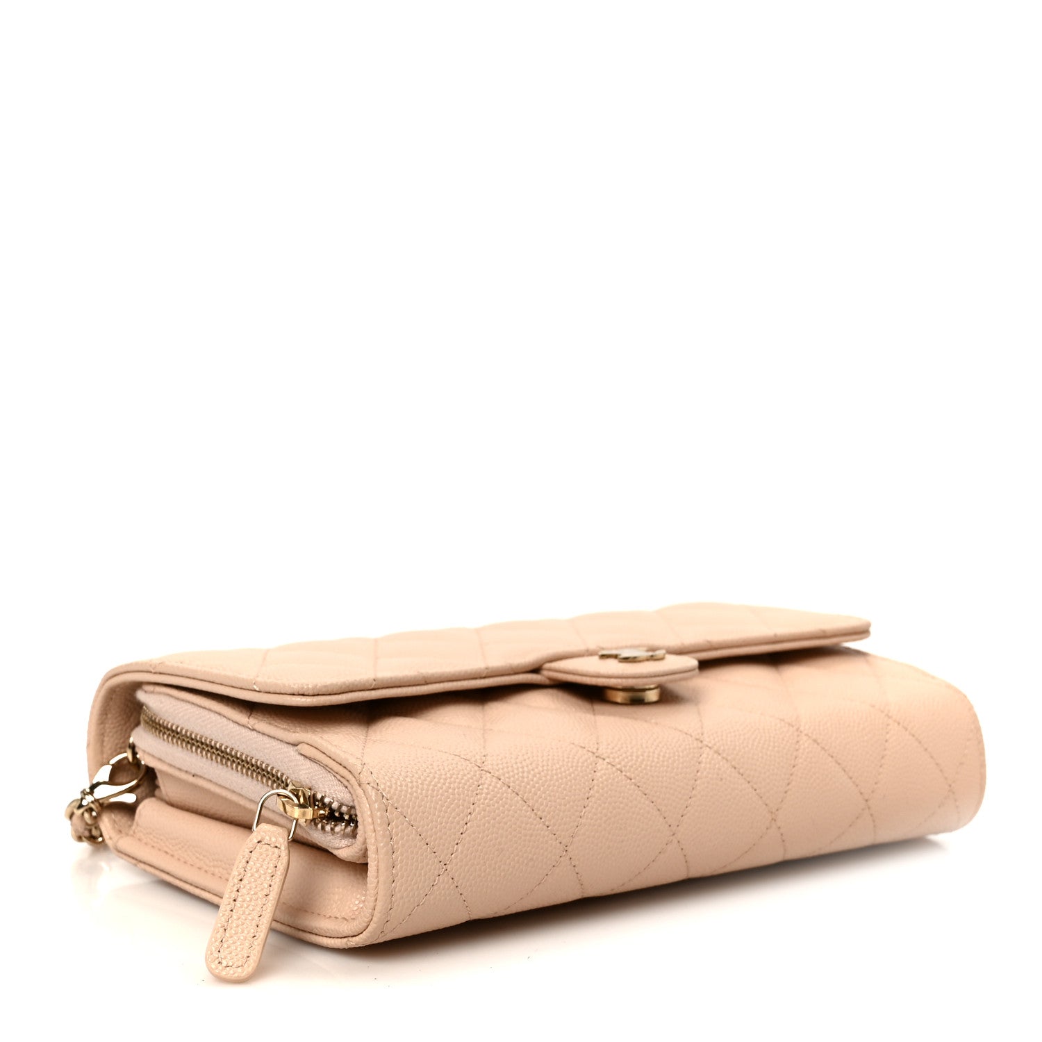 Caviar Quilted Phone Holder Wallet on Removable Chain Light Beige