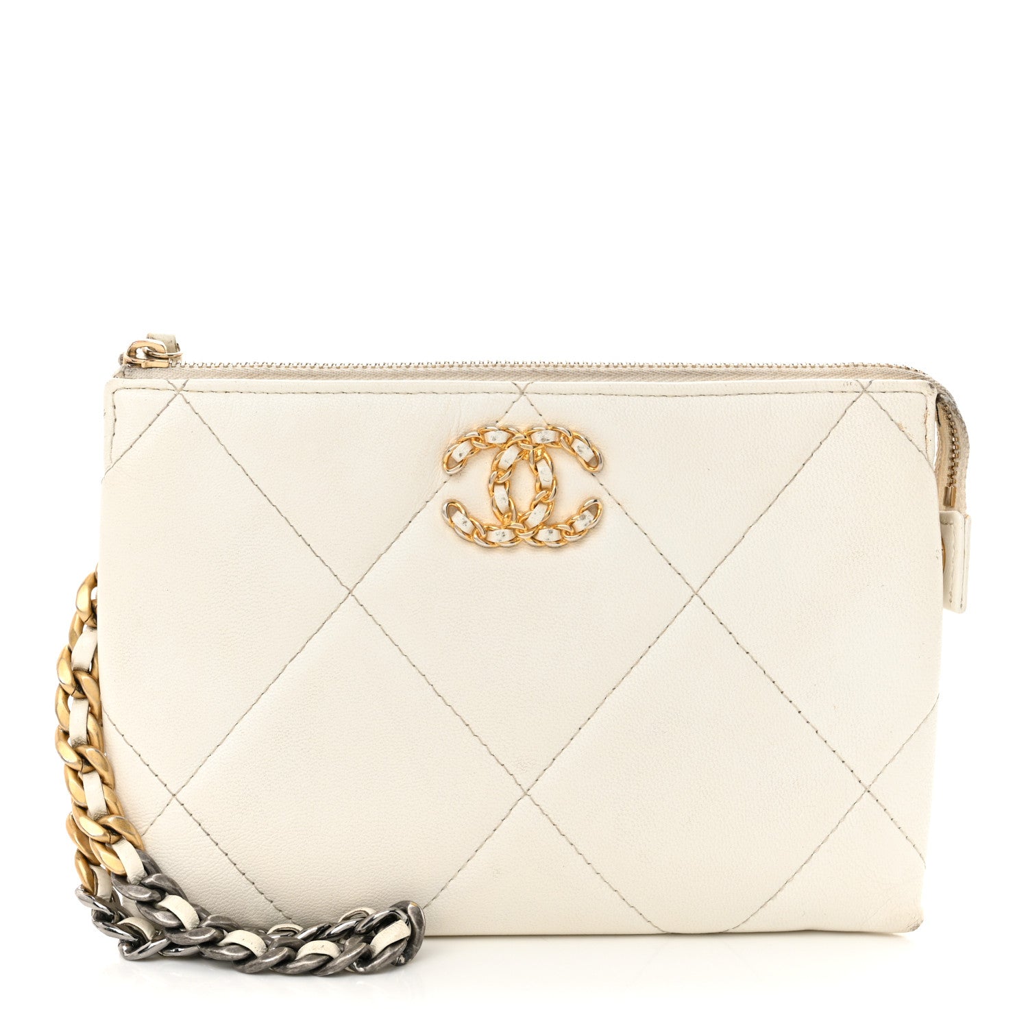 Shiny Goatskin Quilted Chanel 19 Small Pouch With Handle White