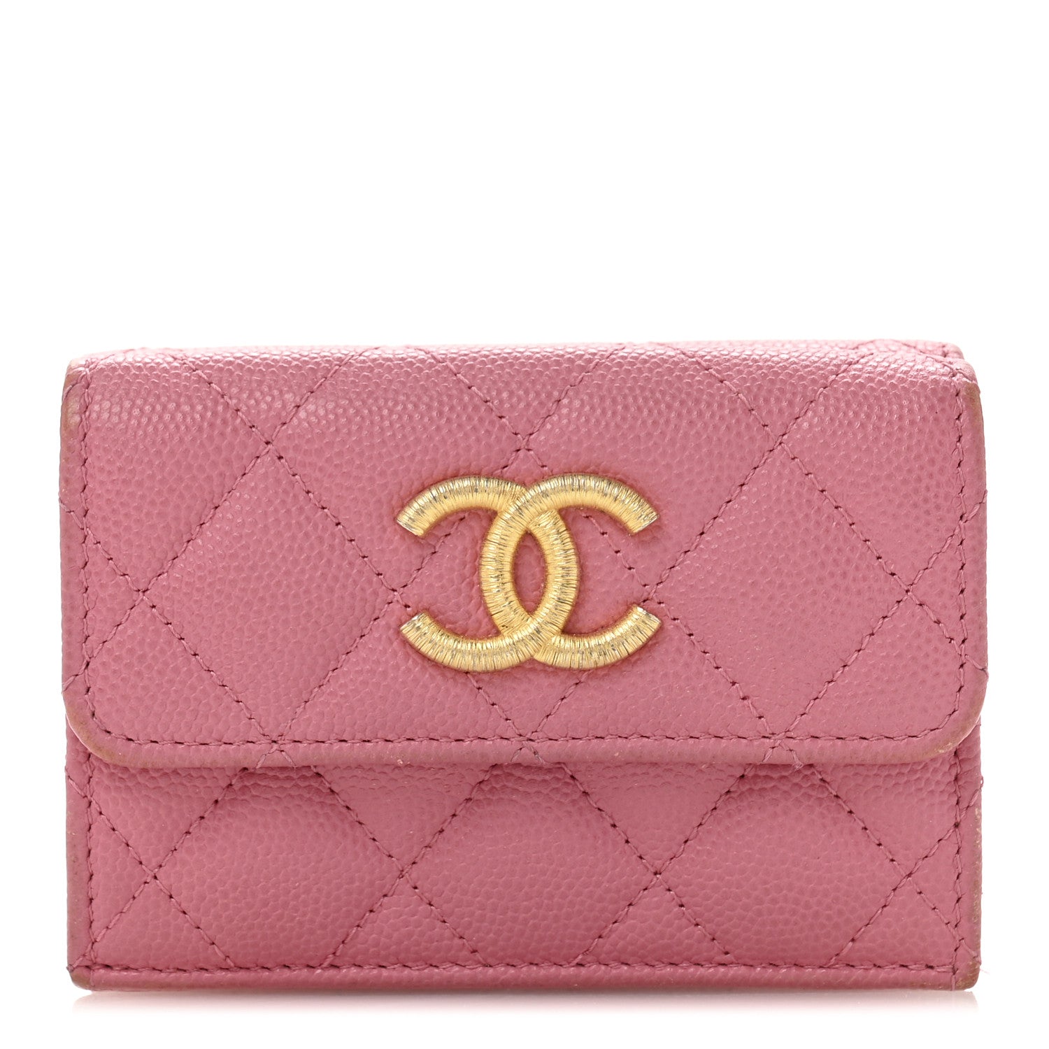 Caviar Quilted Textured CC Small Tri-Fold Flap Wallet Pink