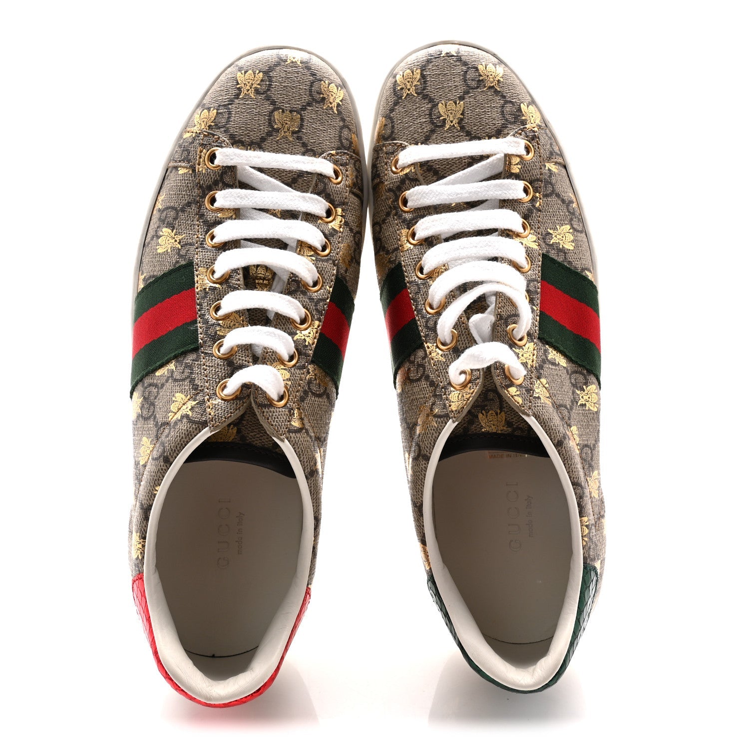 GG Supreme Monogram Bees Ayers Web Womens Ace Sneakers 38.5 Beige Oro Green Red