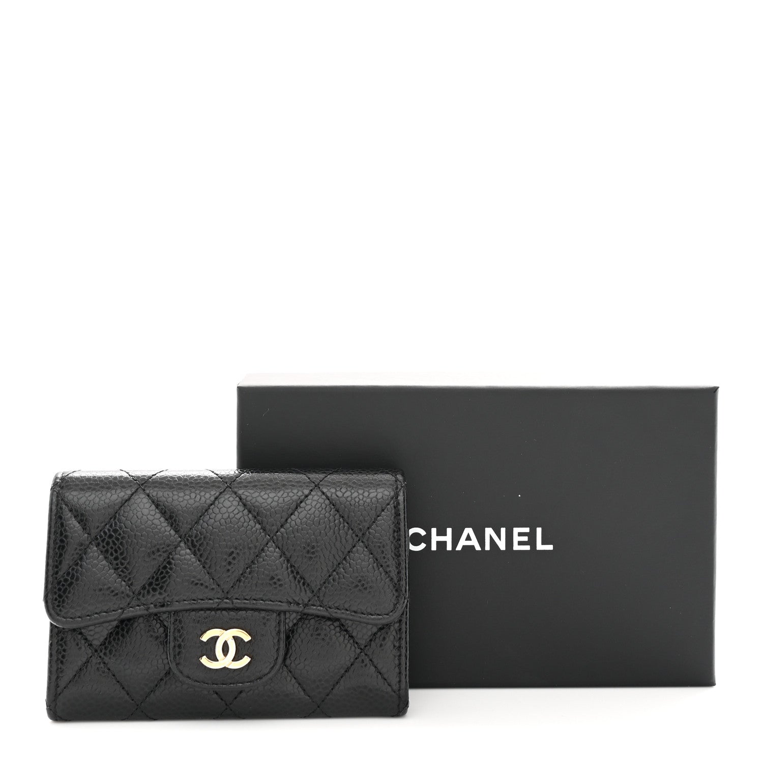 Caviar Quilted Flap Card Holder Wallet Black