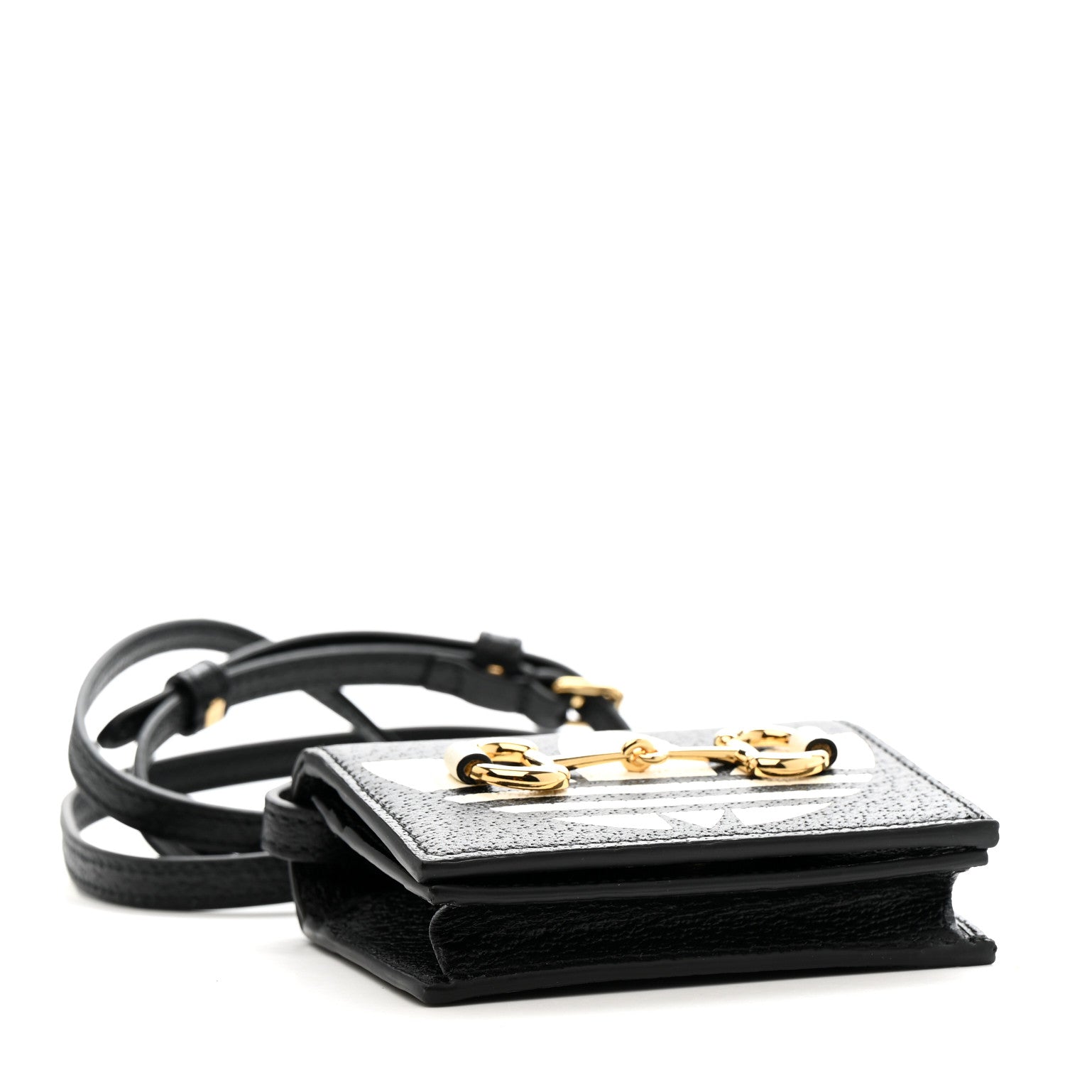 X ADIDAS Textured Dollar Calfskin Trefoil Horsebit 1955 Card Case Wallet With Strap Black Off White