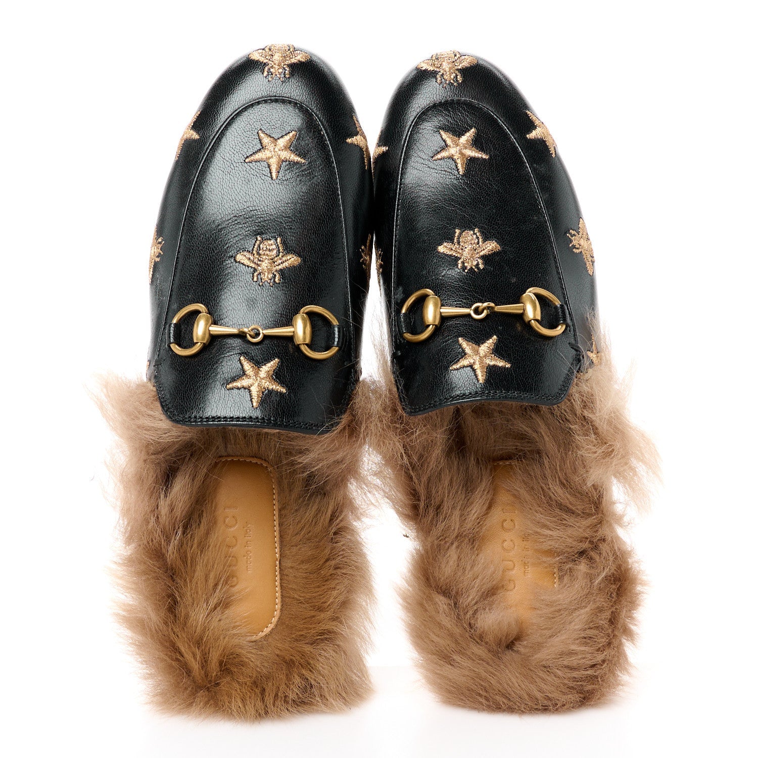 Goatskin Fur Bee Star Embroidered Womens Princetown Slippers 35.5 Black