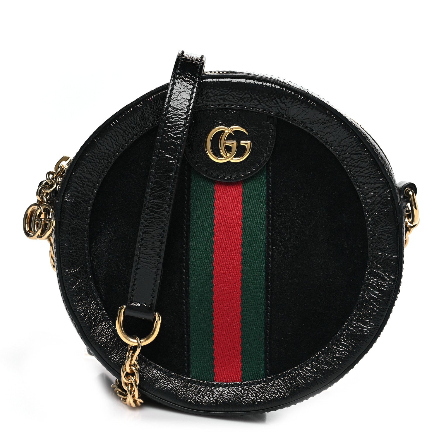Suede Patent Web Mini Ophidia Round Shoulder Bag Black