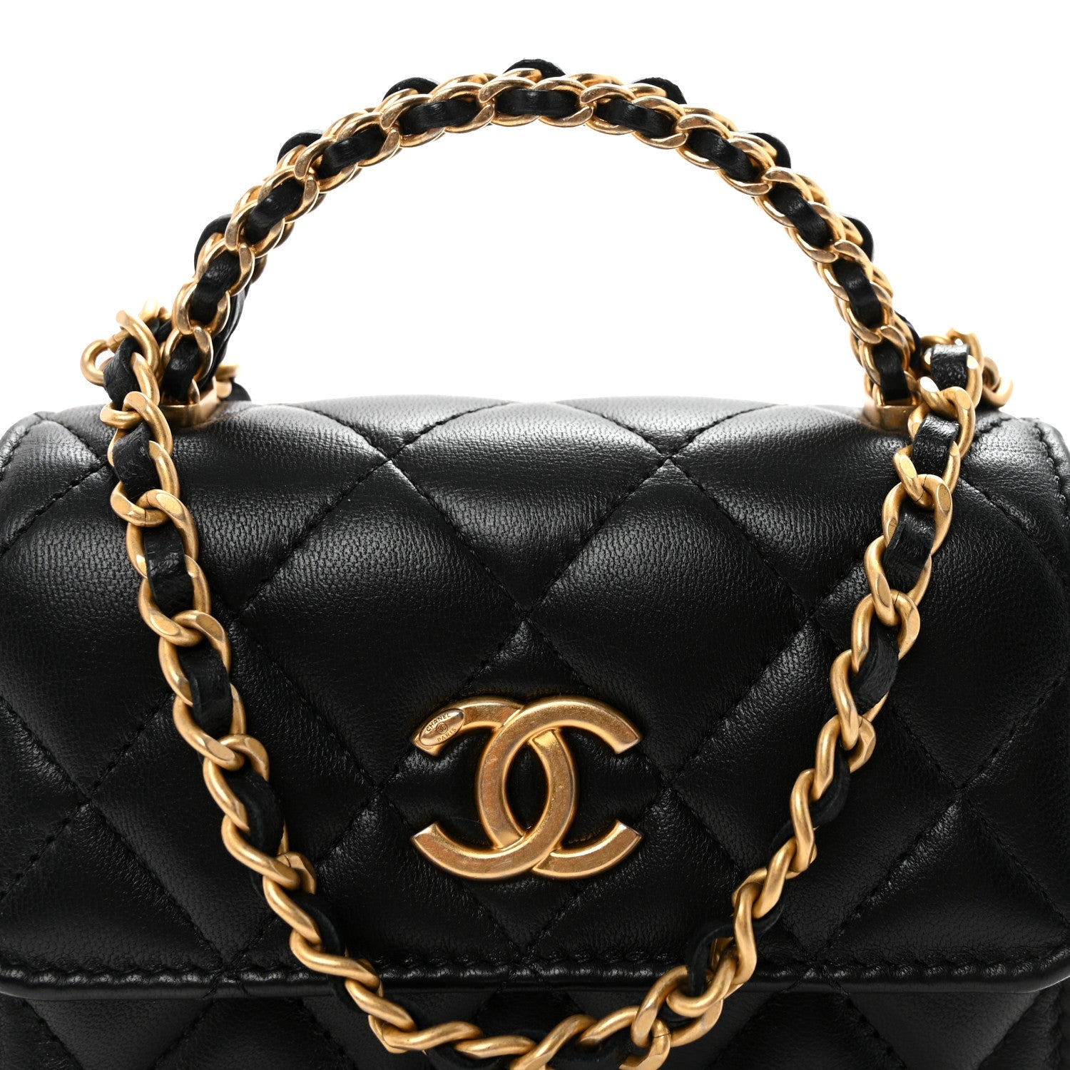Lambskin Quilted Chain Top Handle Clutch With Chain Black